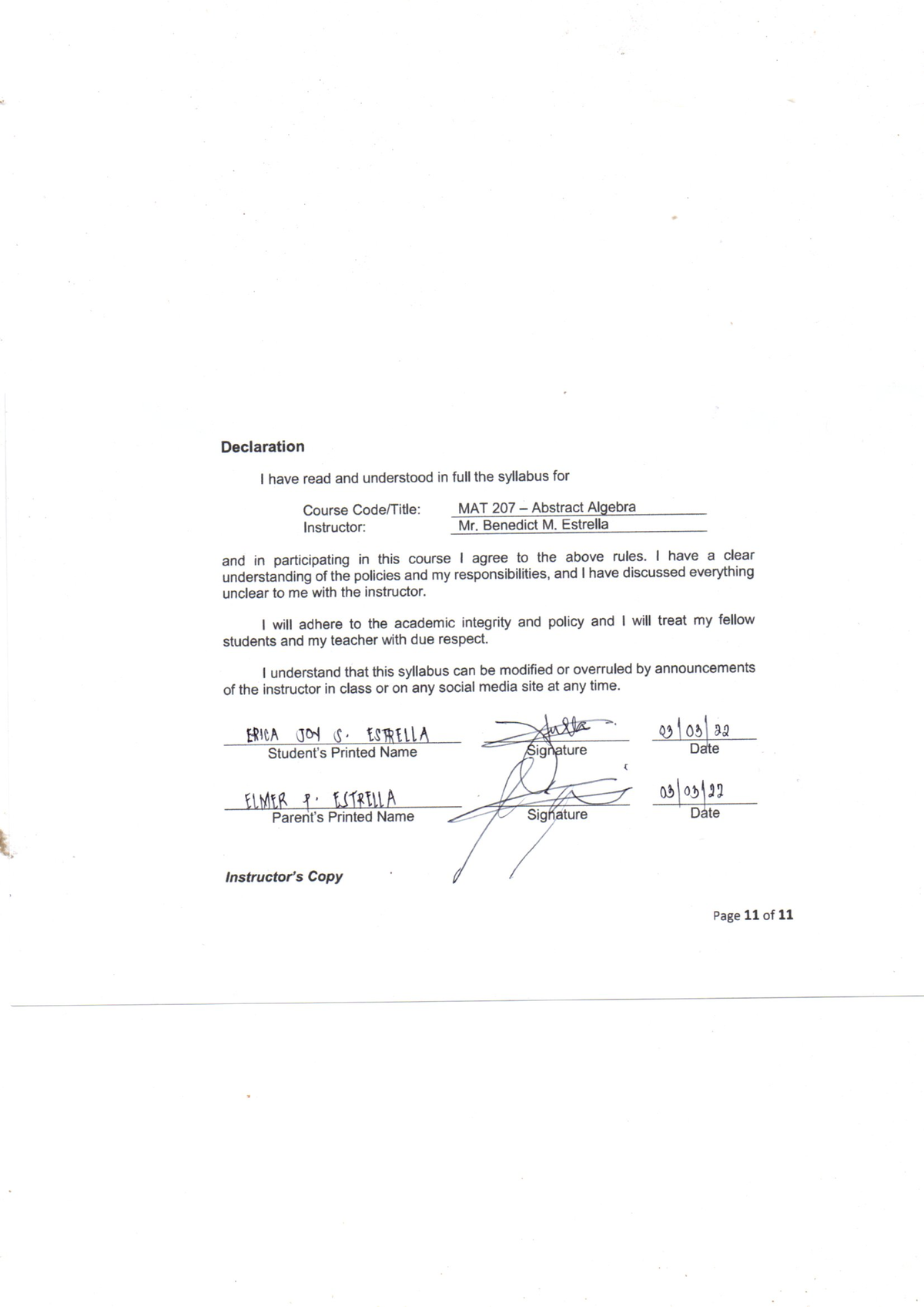 AA Syllabus Declaration Estrella, Erica Joy S - Bachelors of Arts in ...
