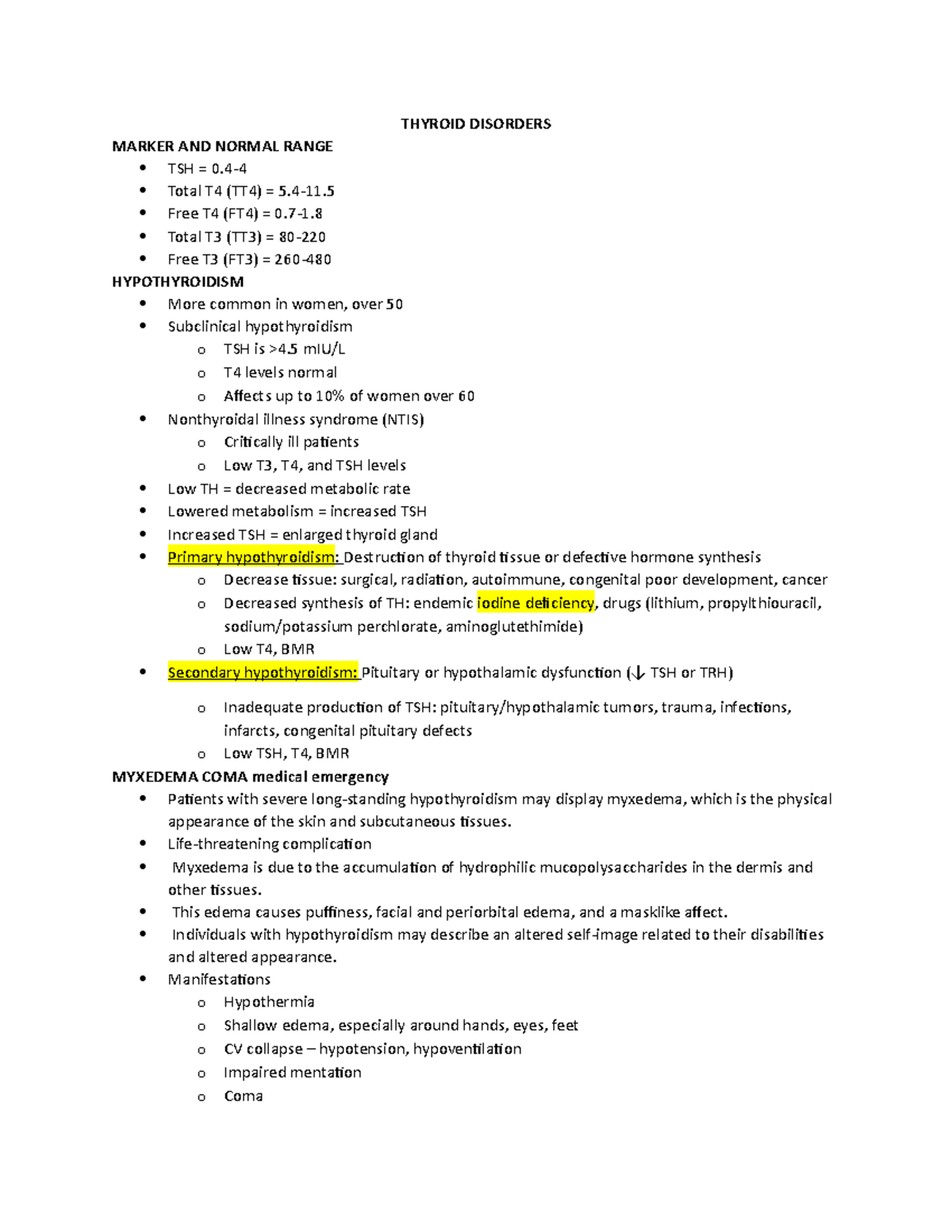 Thyroid Disorders - nursing - THYROID DISORDERS MARKER AND NORMAL RANGE ...