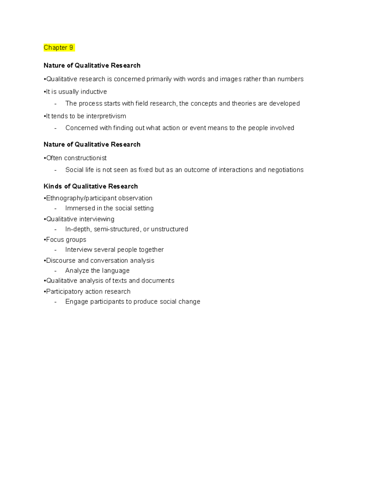 Chapter 9 - Course material - Chapter 9 Nature of Qualitative Research ...