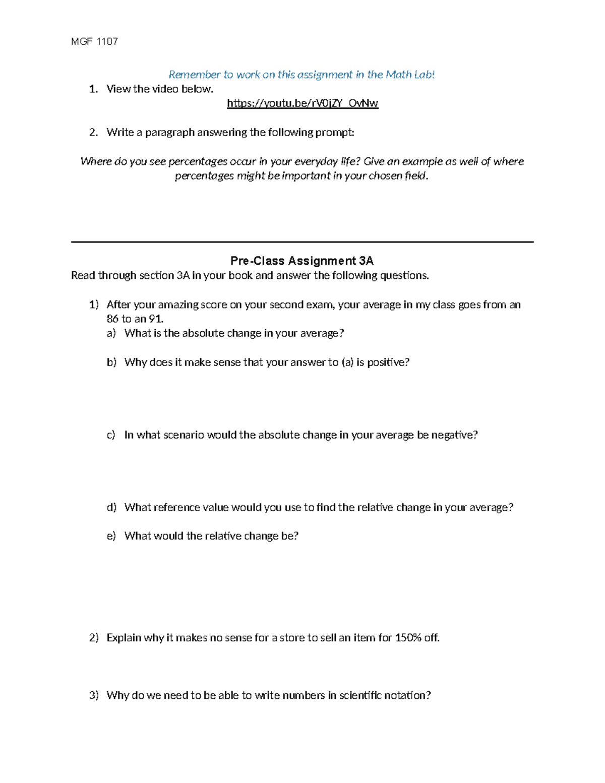 Pre-Class Worksheet (3A 3D 3E) - MGF 1107 Remember to work on this ...