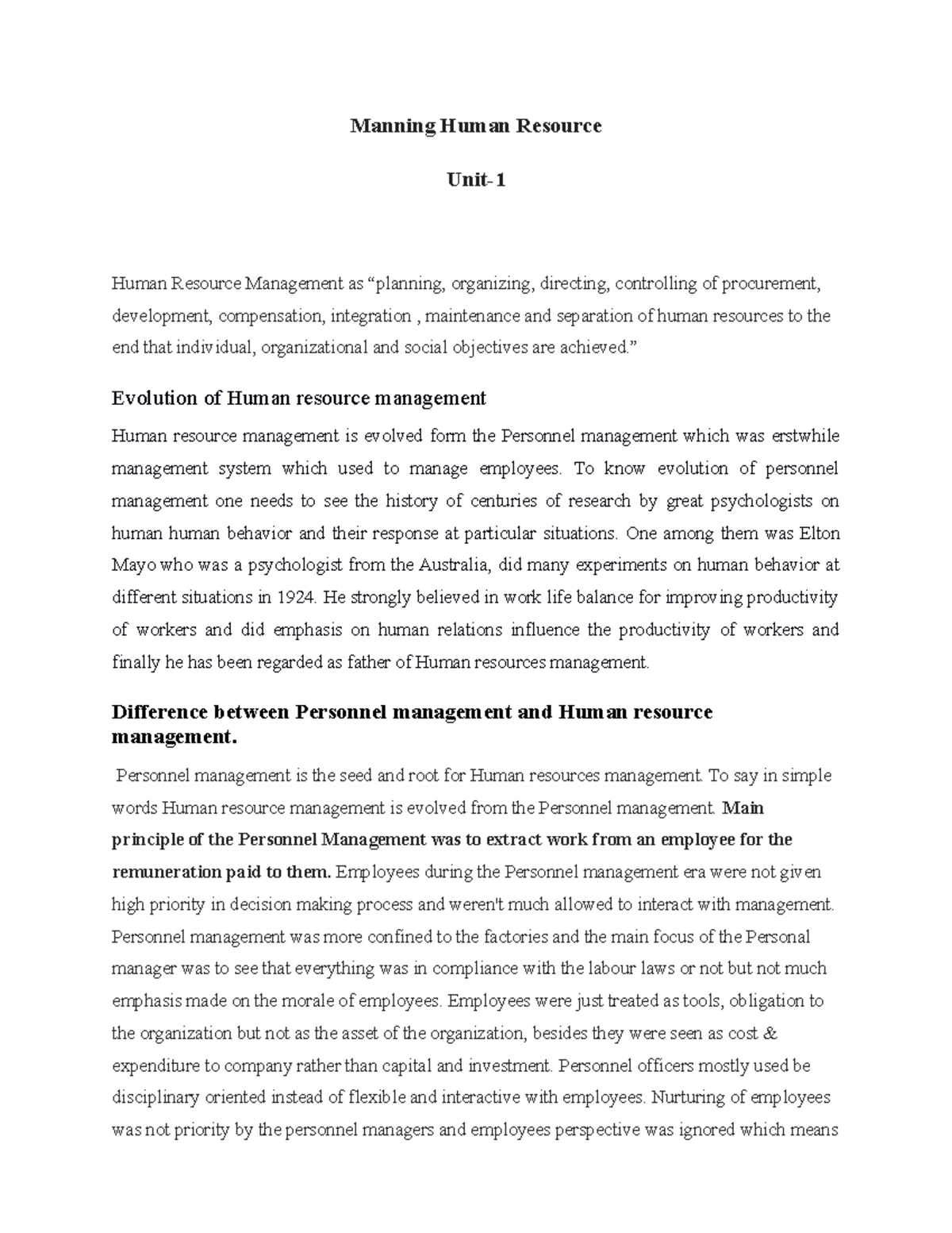 Human Resource Management - Manning Human Resource Unit- Human Resource ...