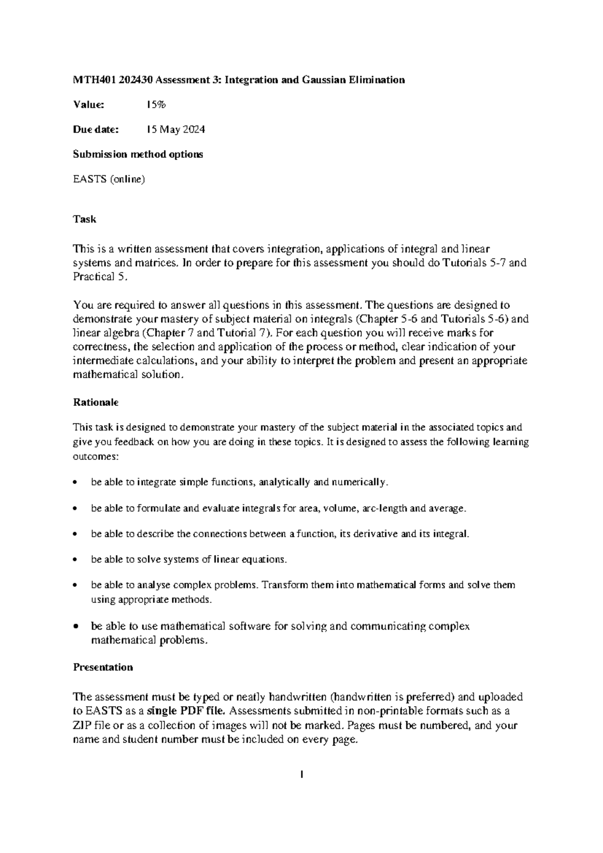 Assignment - Tech - MTH 401 202430 Assessment 3 : Integration and ...