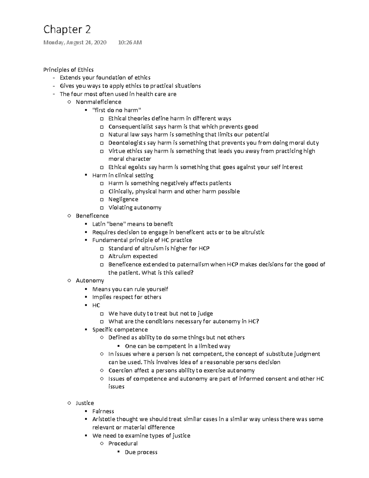 Chapter 2 notes - Principles of Healthcare Ethics - Chapter 2 Monday ...