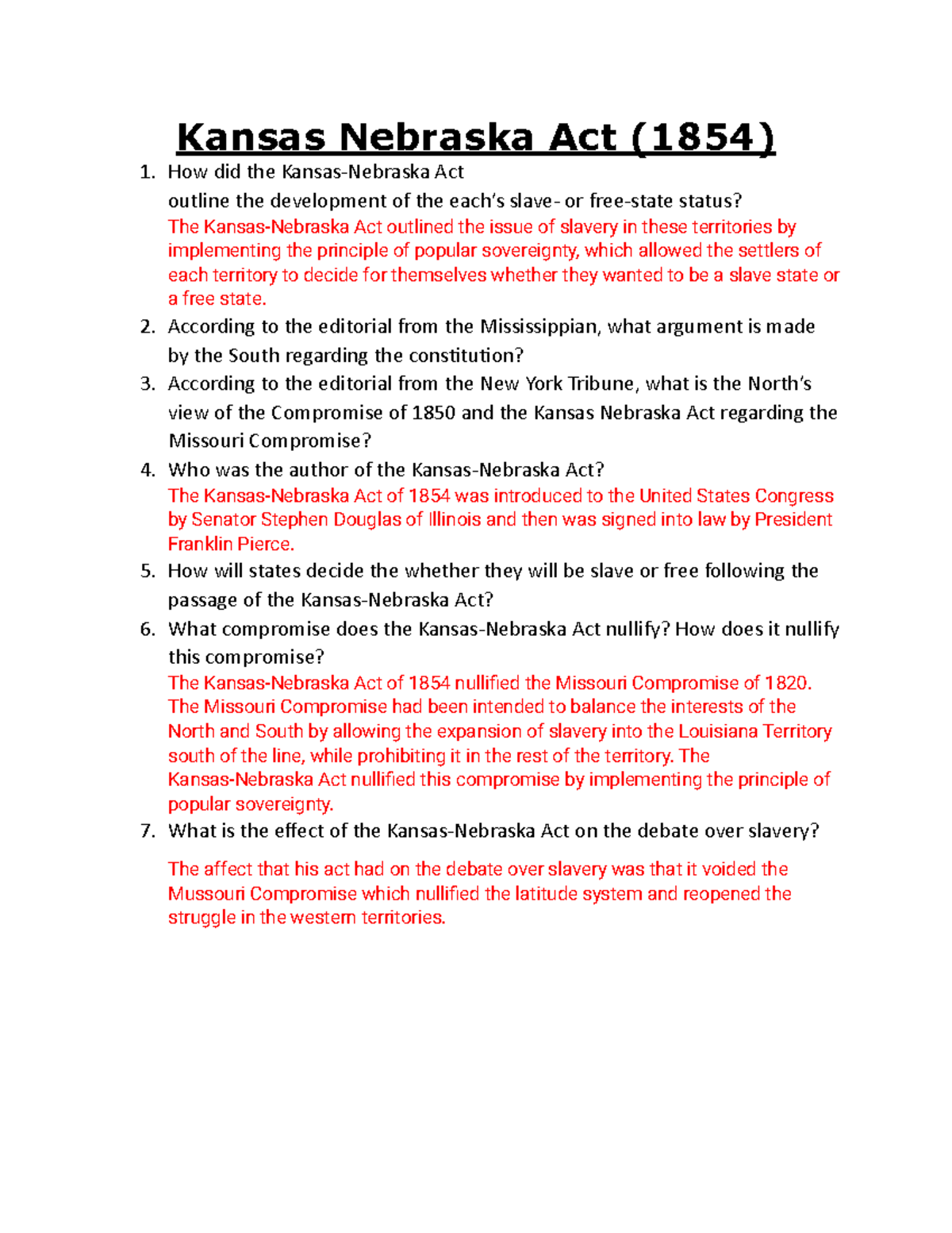 1850s Gallery Walk - Kansas Nebraska Act (1854) 1. How did the Kansas ...