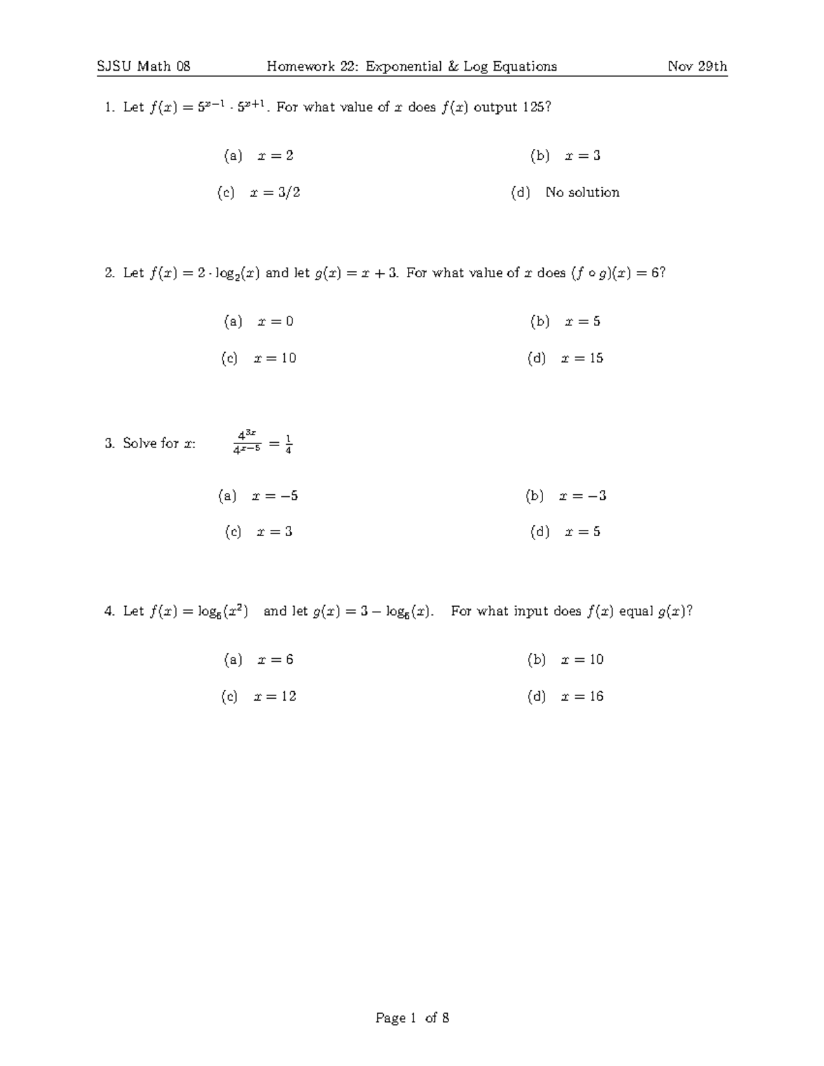 Hw 22 Exponential & Log Equations - SJSU Math 08 Homework 22 ...