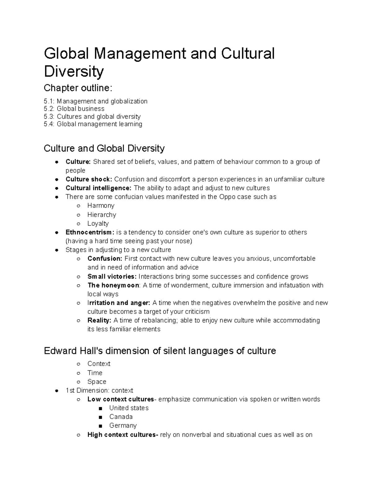 GMS 200 Chapter 5 notes - Global Management and Cultural Diversity ...