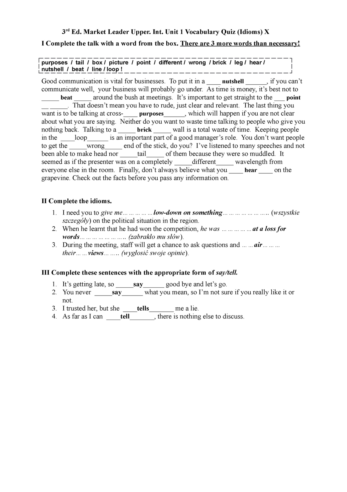 3rd Ed Market Leader Upper Int Unit 1 Vocabulary Quiz Idioms X 3 Rd Ed Market Leader 