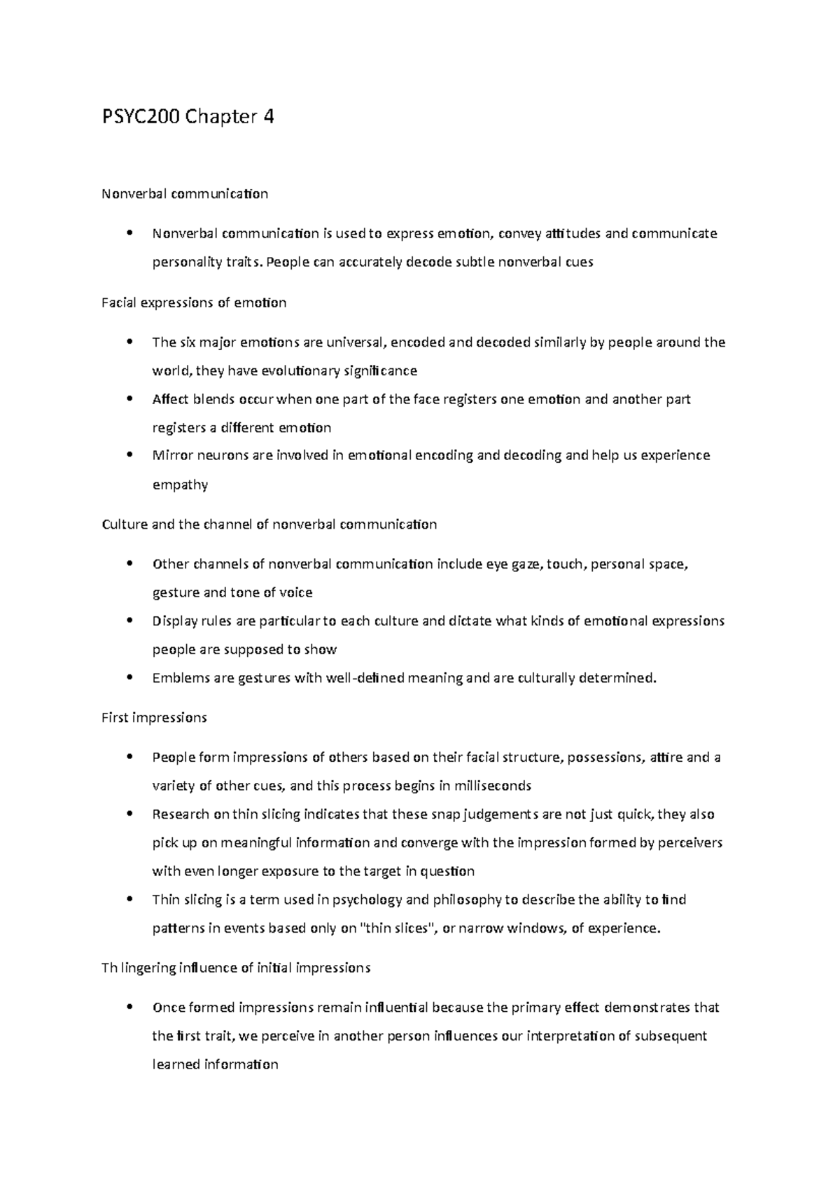 PSYC200 CHAP 4 - chap 4 - PSYC200 Chapter 4 Nonverbal communication ...