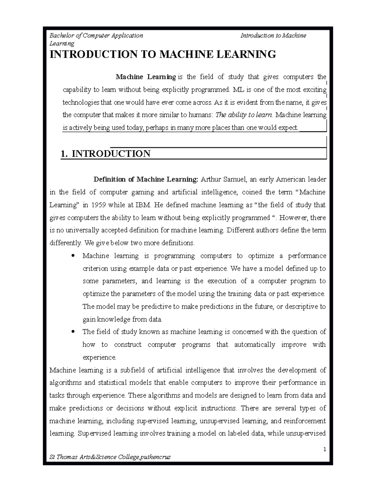 Machine Learning Seminar Report - Learning INTRODUCTION TO MACHINE ...