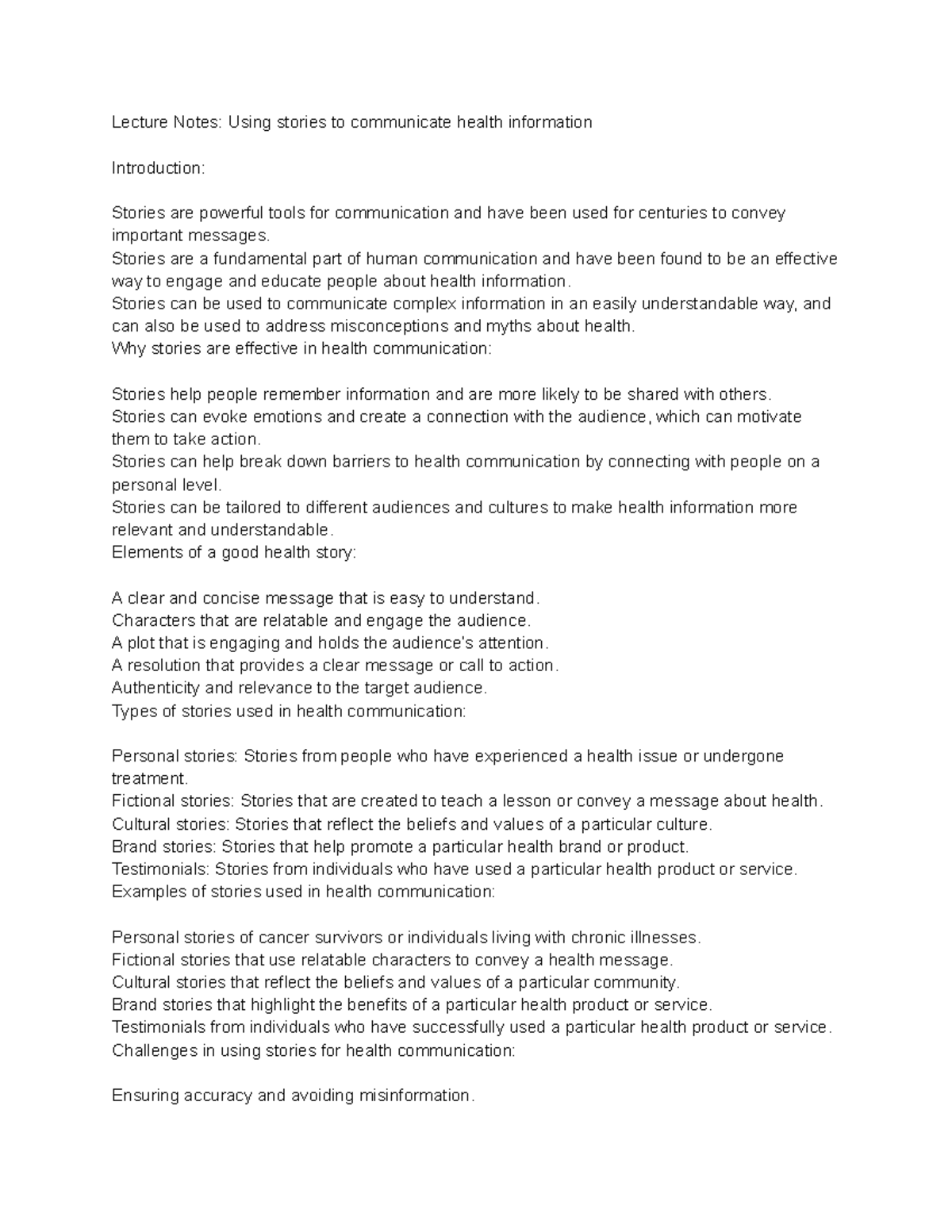 Health Communications (HLE2410) Lecture 39 Using stories to