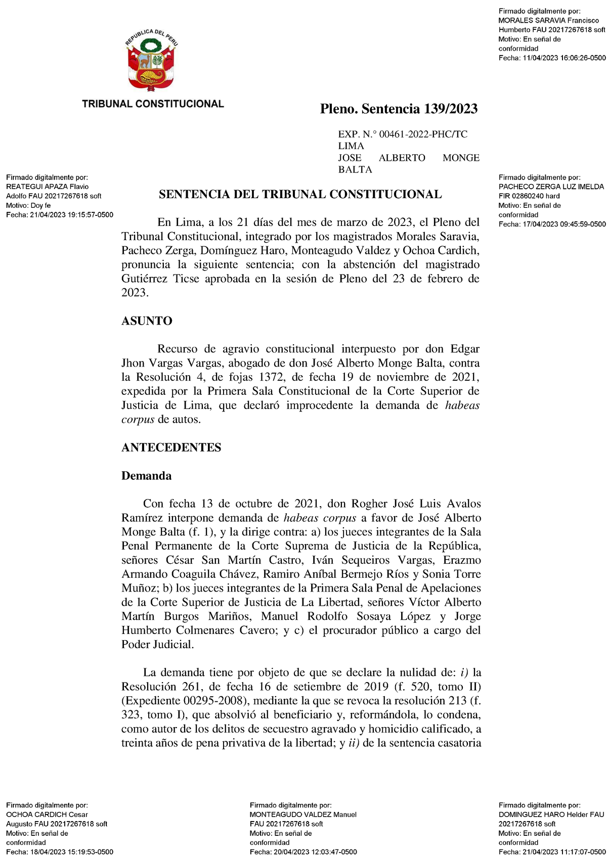 Habeas Corpus - RESUMEN - Pleno. Sentencia 139/ EXP. N.° 00461-2022-PHC ...