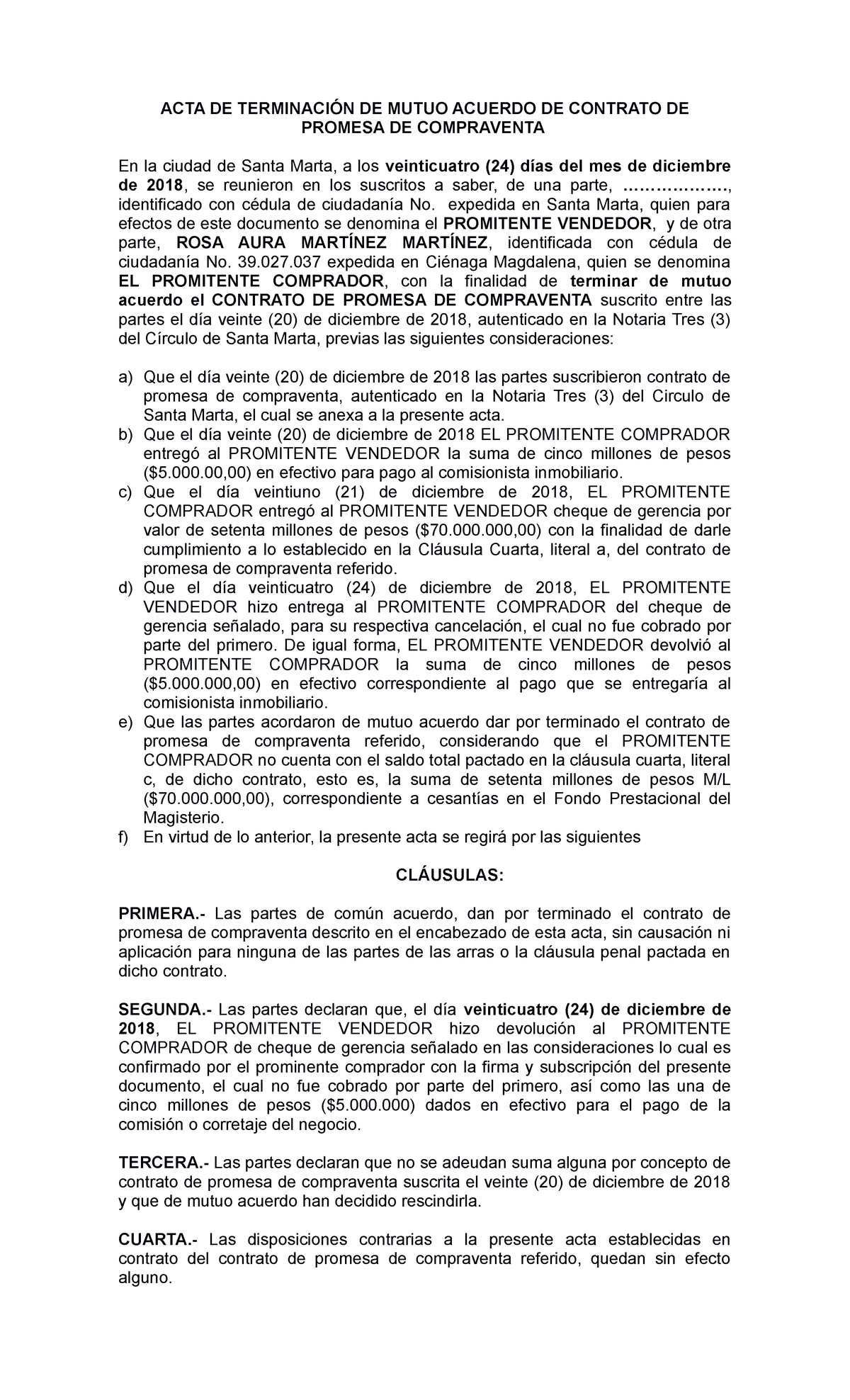 TerminacióN DE Mutuo Acuerdo - ACTA DE TERMINACIÓN DE MUTUO ACUERDO DE  CONTRATO DE PROMESA DE - Studocu