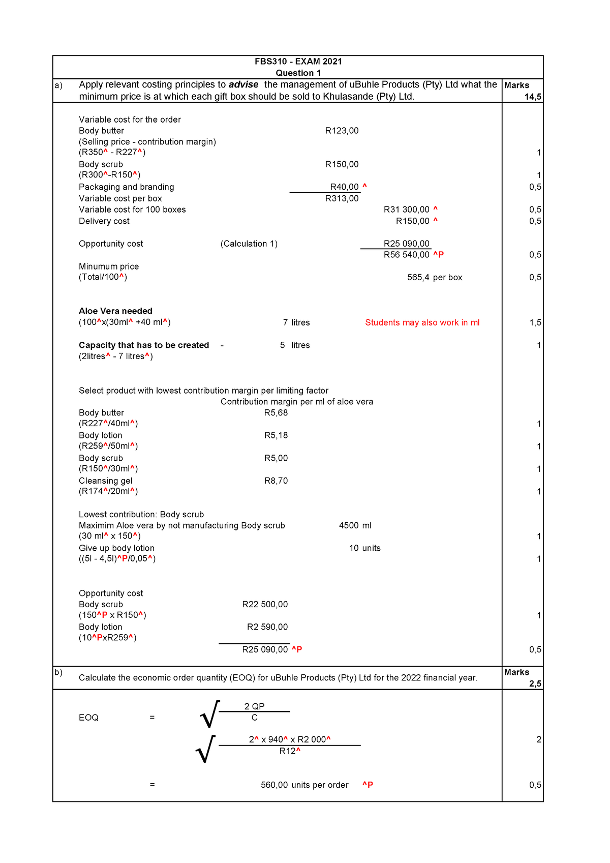 FBS310 2021 Exam memo final - a) Marks 14, Variable cost for the order ...