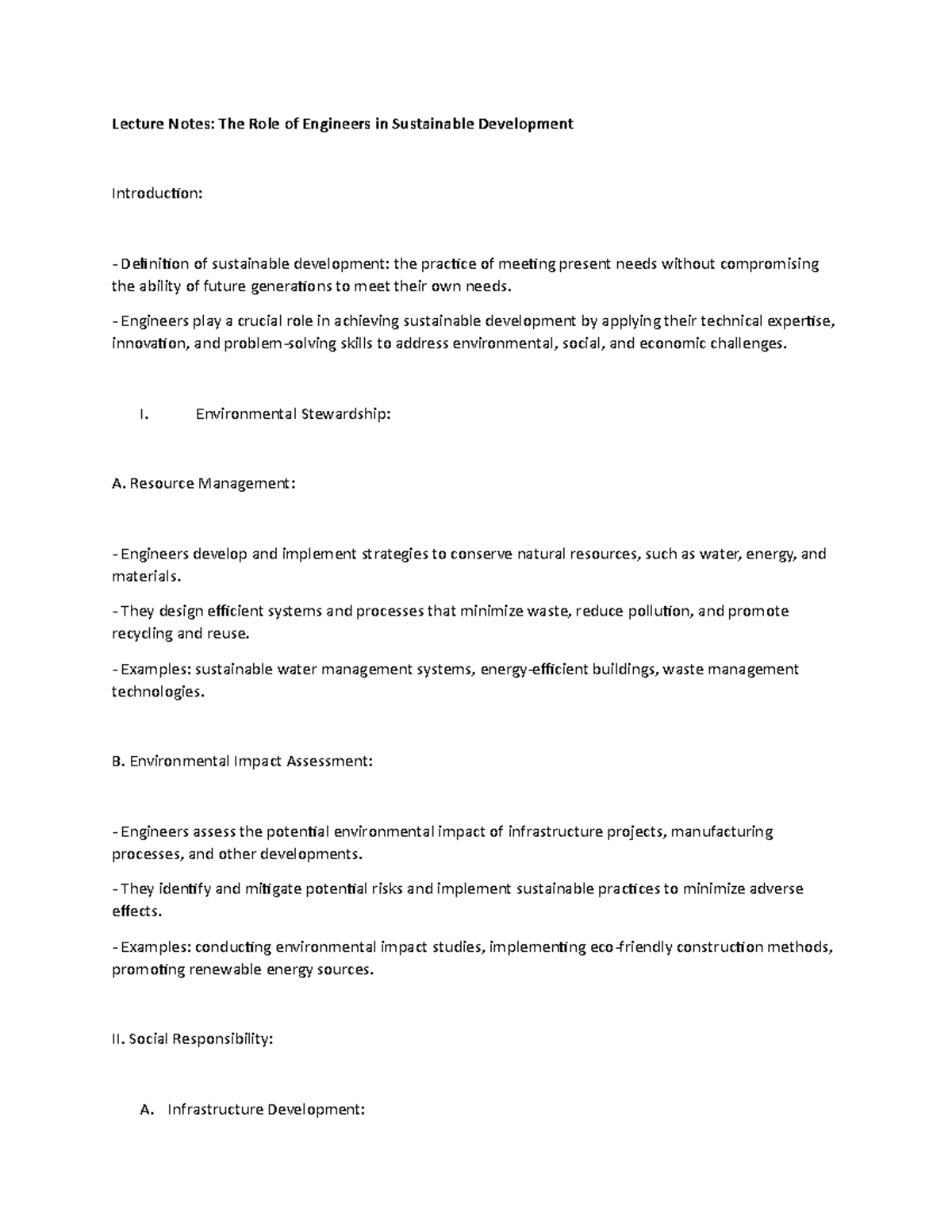 Lecture Notes: The Role of Engineers in Sustainable Development ...