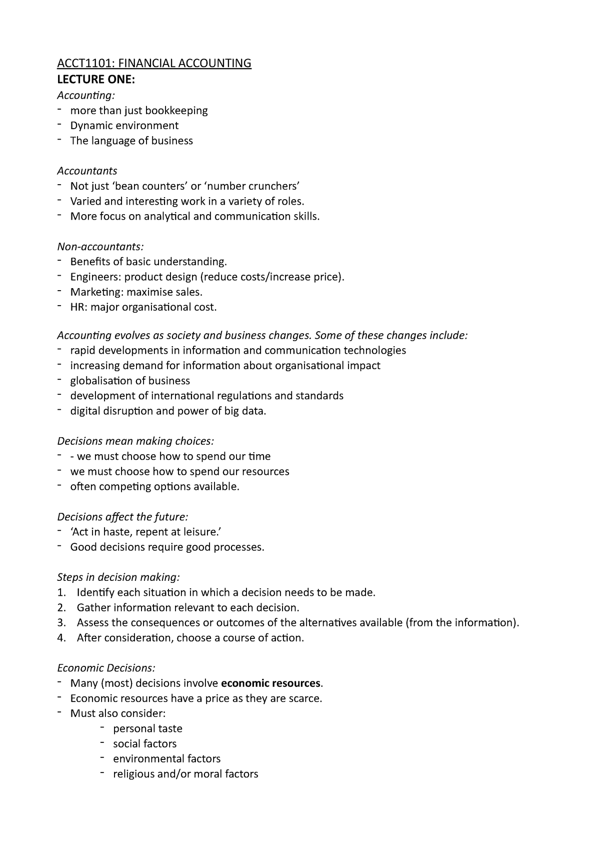 ACCT 1101 Notes - ACCT1101: FINANCIAL ACCOUNTING LECTURE ONE: Accounng ...