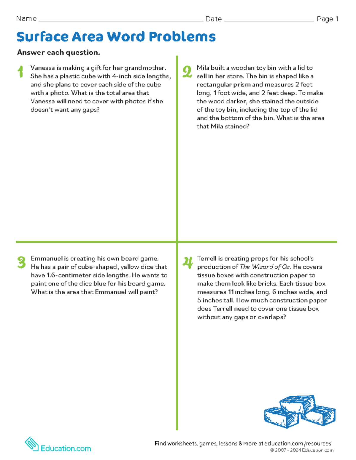 Surface area word problems+ - N a m e Date Page 1 Answer each question ...