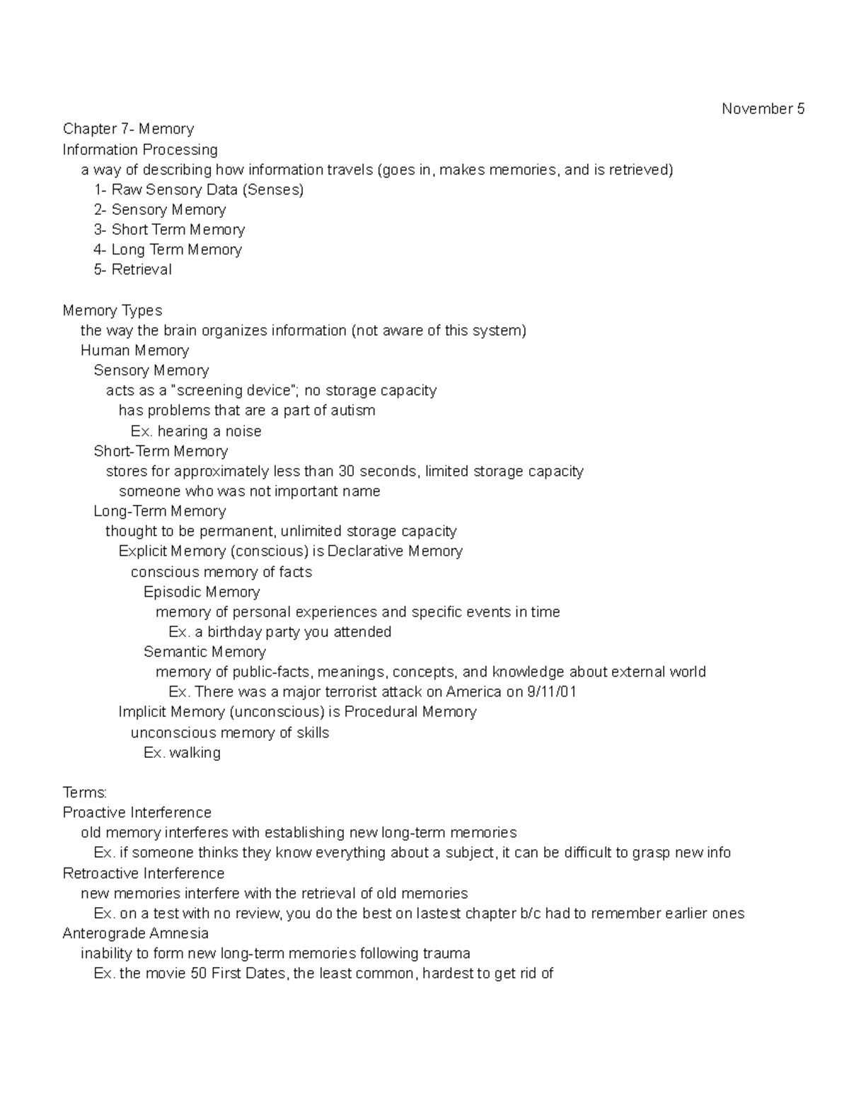 PSY 1000 - My Lecture Notes on Chapter 7- Memory (From November 5 ...