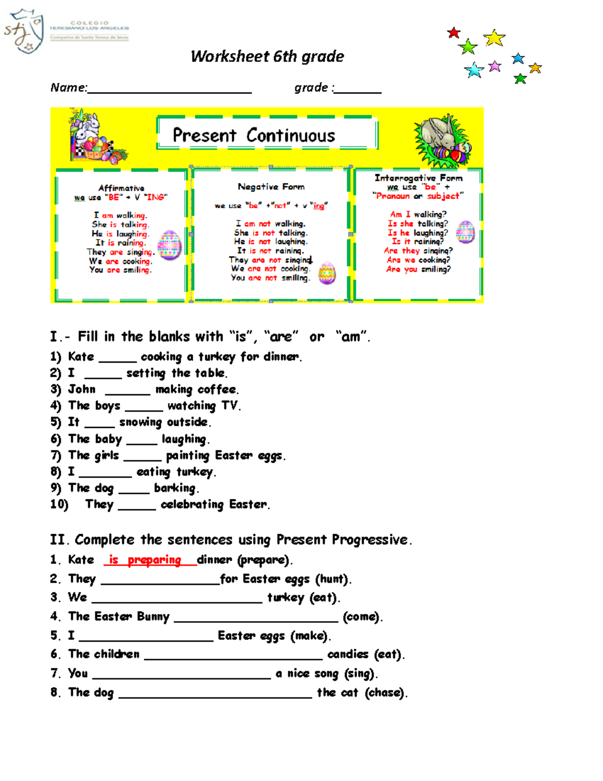 Worksheet 6th G Present Continuous - Worksheet 6th grade Name ...