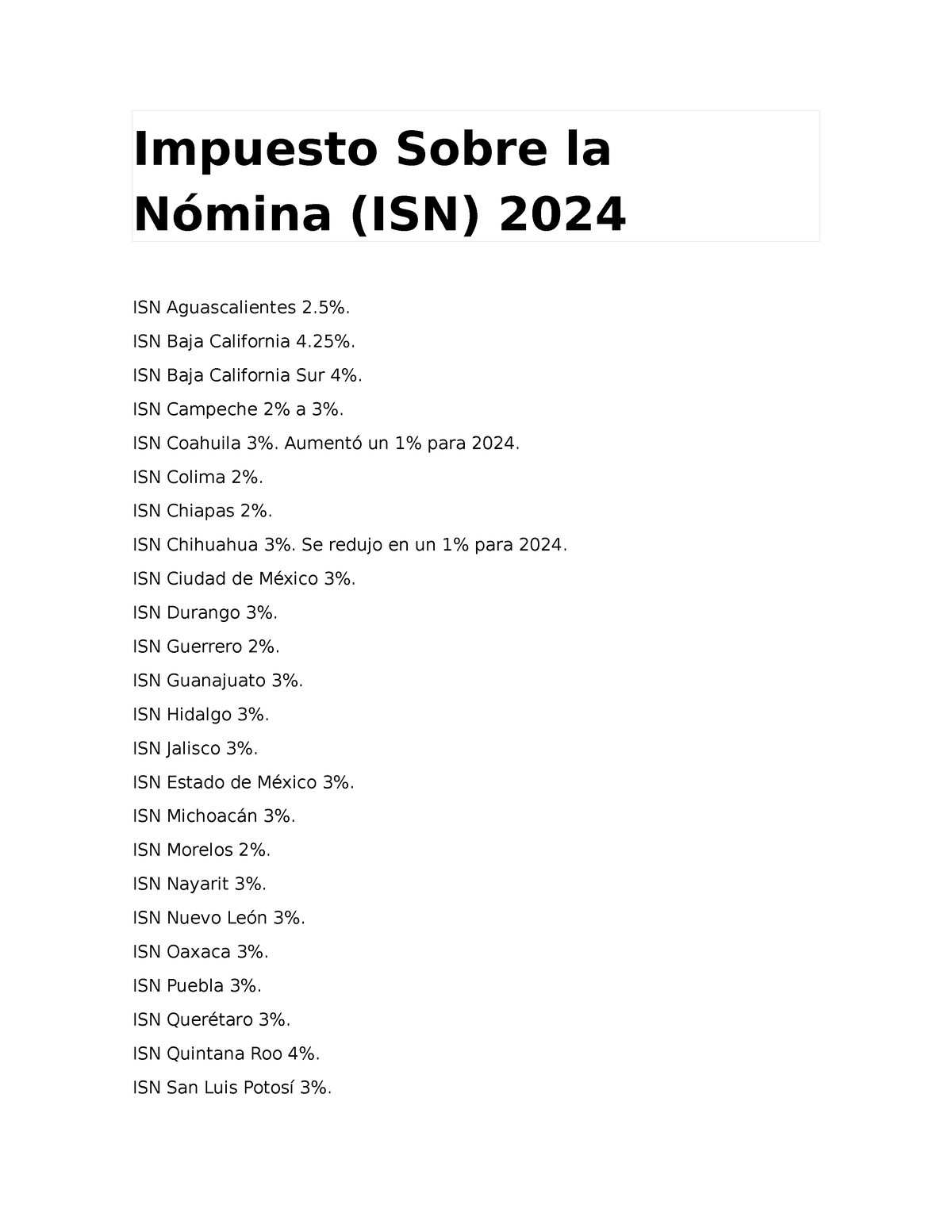 Impuesto Sobre la Nómina 2025 Impuesto Sobre la Nómina (ISN) 2025 ISN