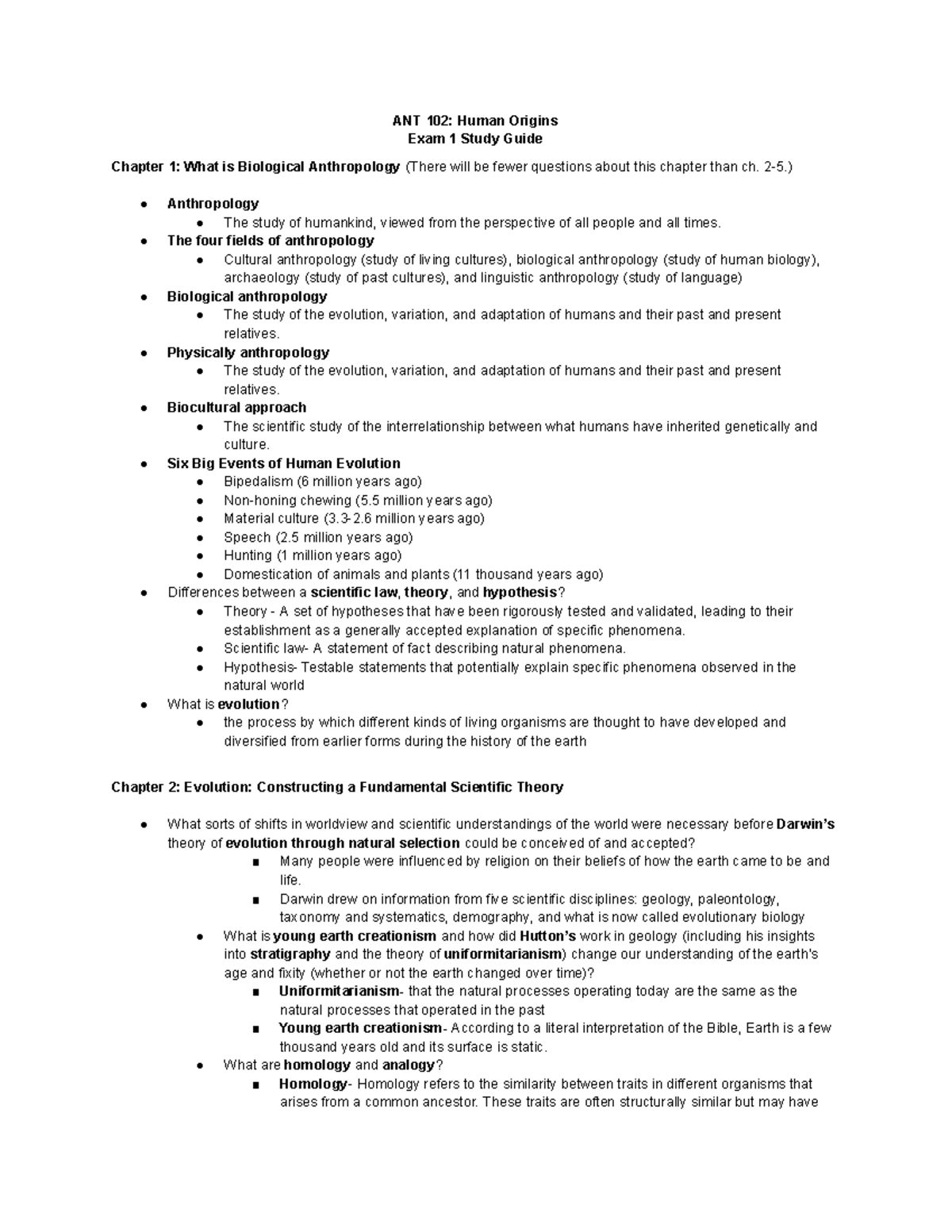 ANT 102 Human Origins Study guide exam 1 - ANT 102: Human Origins Exam ...