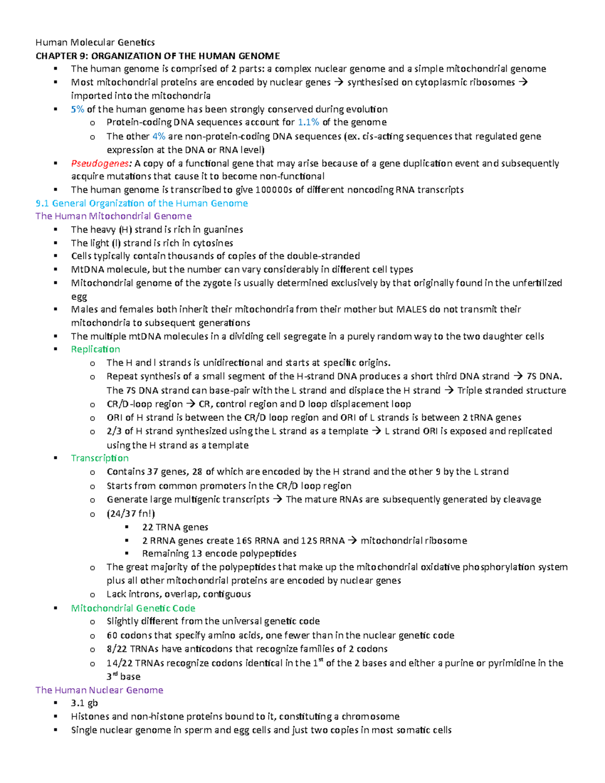 4560 Notes - Human Molecular Genetics CHAPTER 9: ORGANIZATION OF THE ...