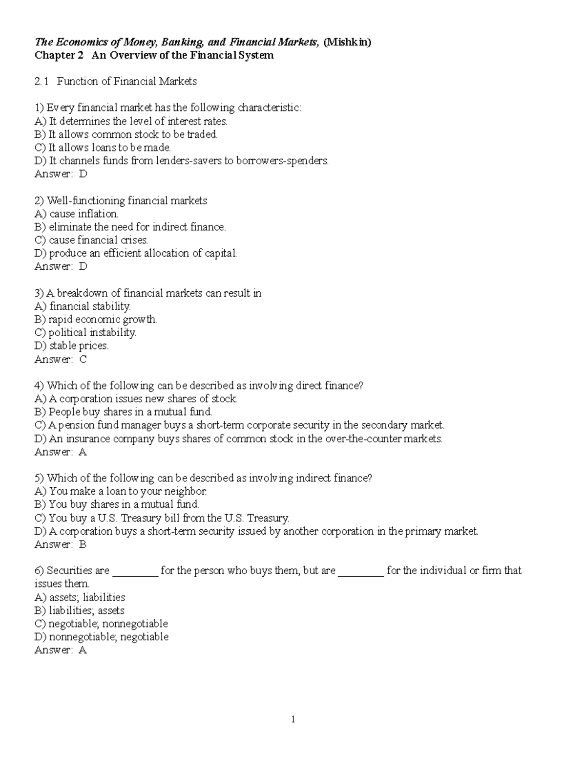 CH 2 Q and A chapter 2 answers prof. mishkin The Economics of Money