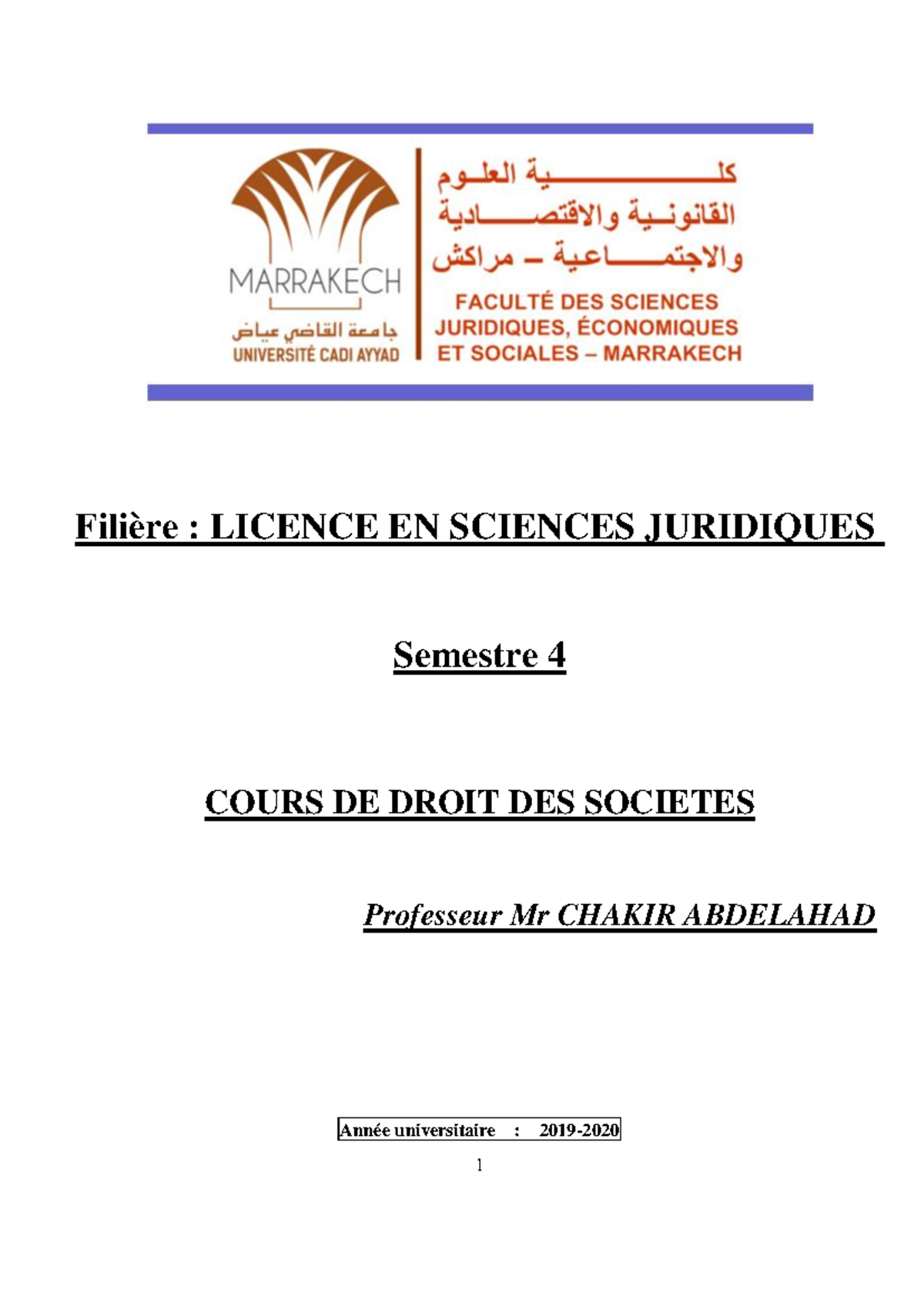 Droit des sociétés - Filière : LICENCE EN SCIENCES JURIDIQUES Semestre
