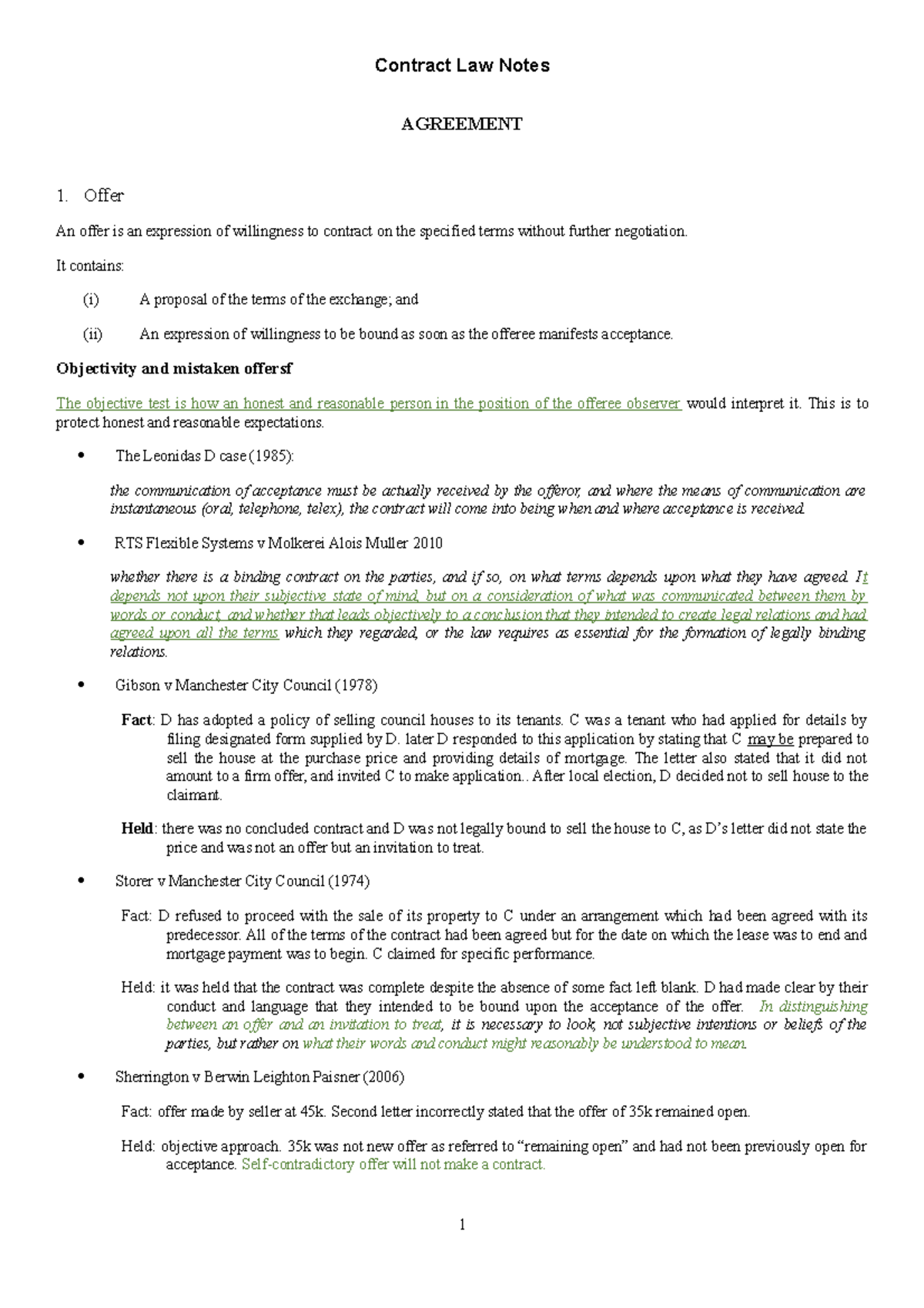 Contract Law- Mindy Notes - AGREEMENT 1. Offer An offer is an ...