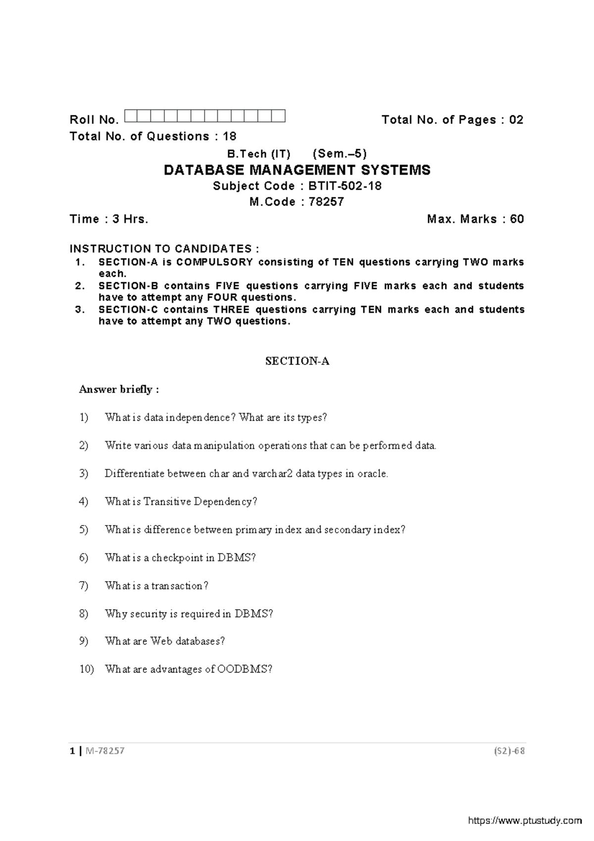 Btech it 5 sem database management systems 78257 jan 2021 - 1 | M-78257 ...
