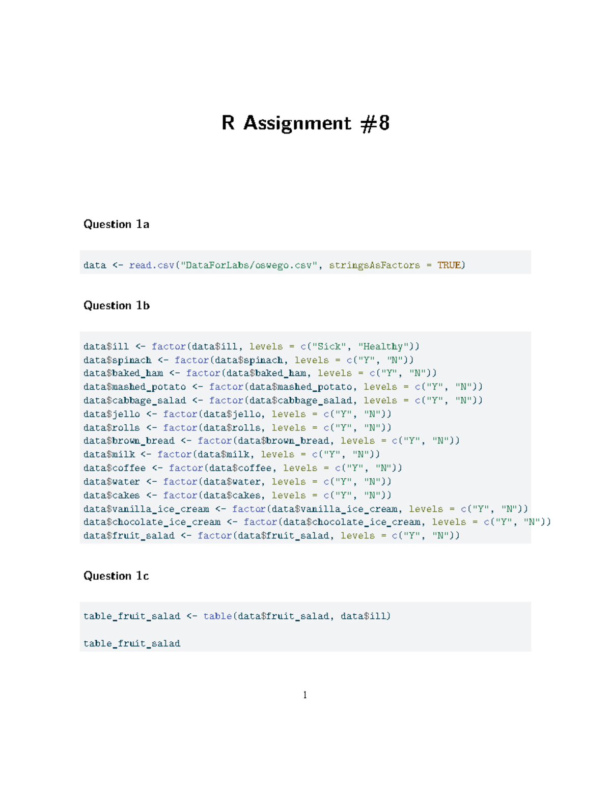 R Assignment 8 - R Assignment Question 1a data