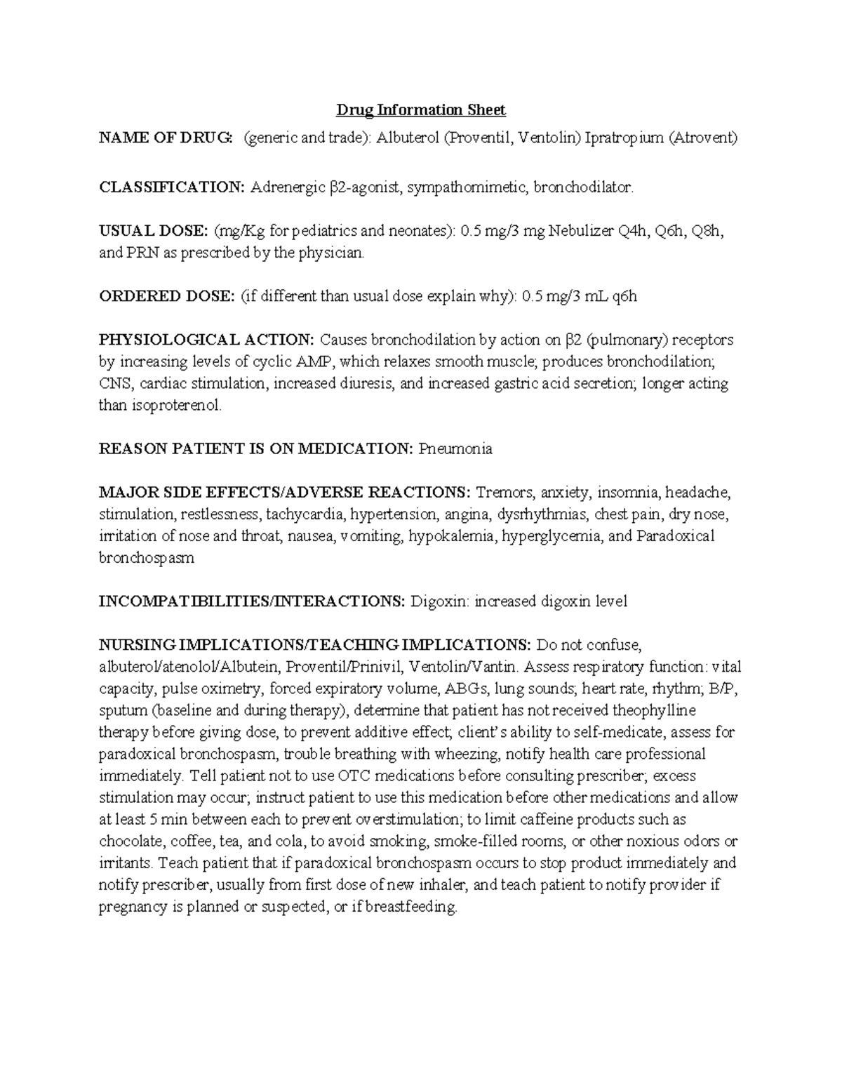 Albuterol- Ipratropium - Drug Information Sheet NAME OF DRUG: (generic ...