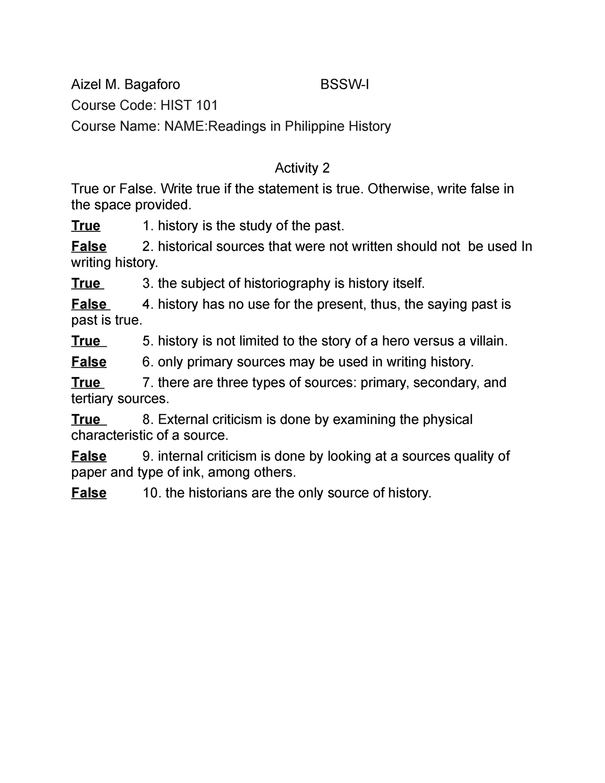 HIST 101 Activity 2 - No Other Information - Aizel M. Bagaforo BSSW-I ...