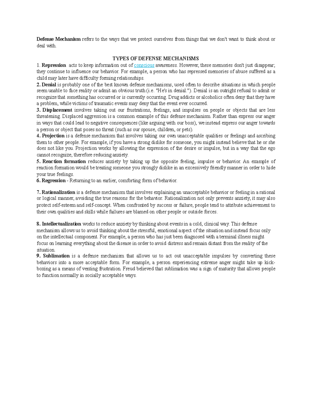 Defense Mechanisms - TYPES OF DEFENSE MECHANISMS Repression acts to ...
