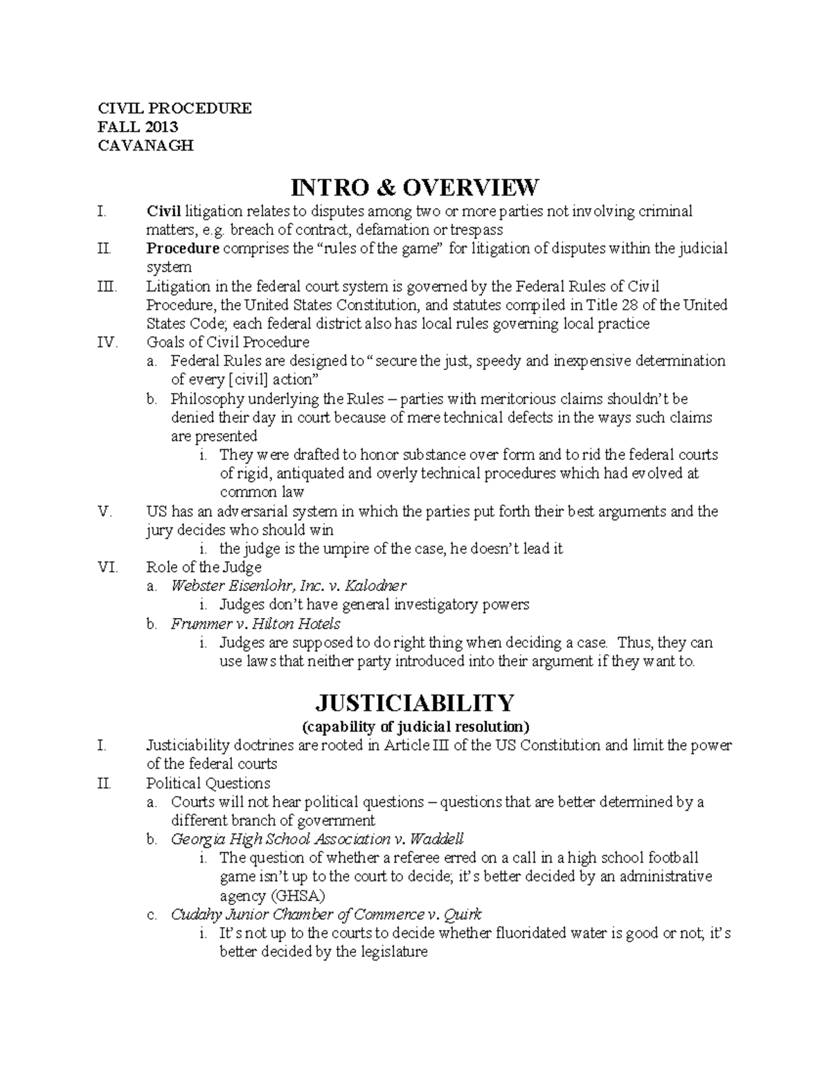 Cavanagh Civil Procedure Outline [word] - CIVIL PROCEDURE FALL 2013 ...