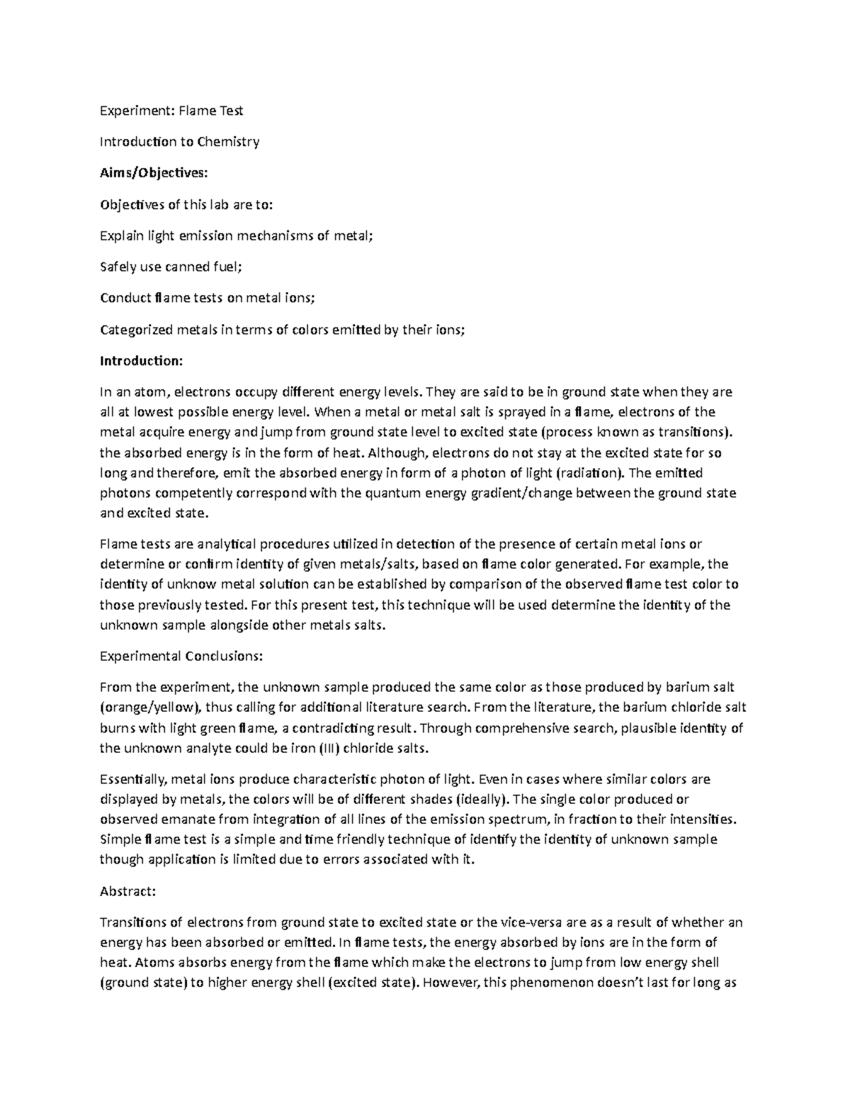 Chemistry Flame lab test Experiment Flame Test Introduction to