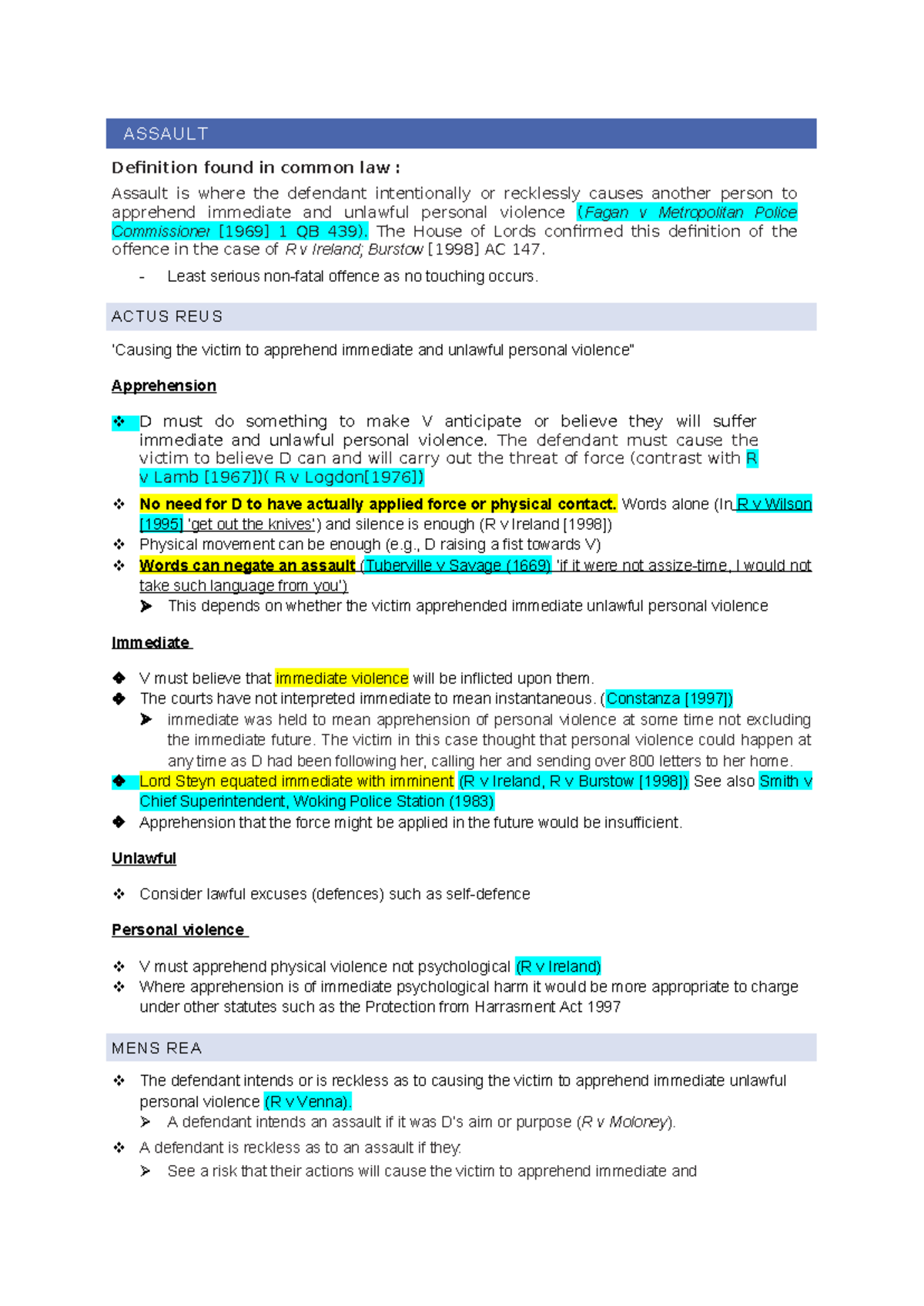 Non-fatal offences - ASSAULT Definition found in common law : Assault ...