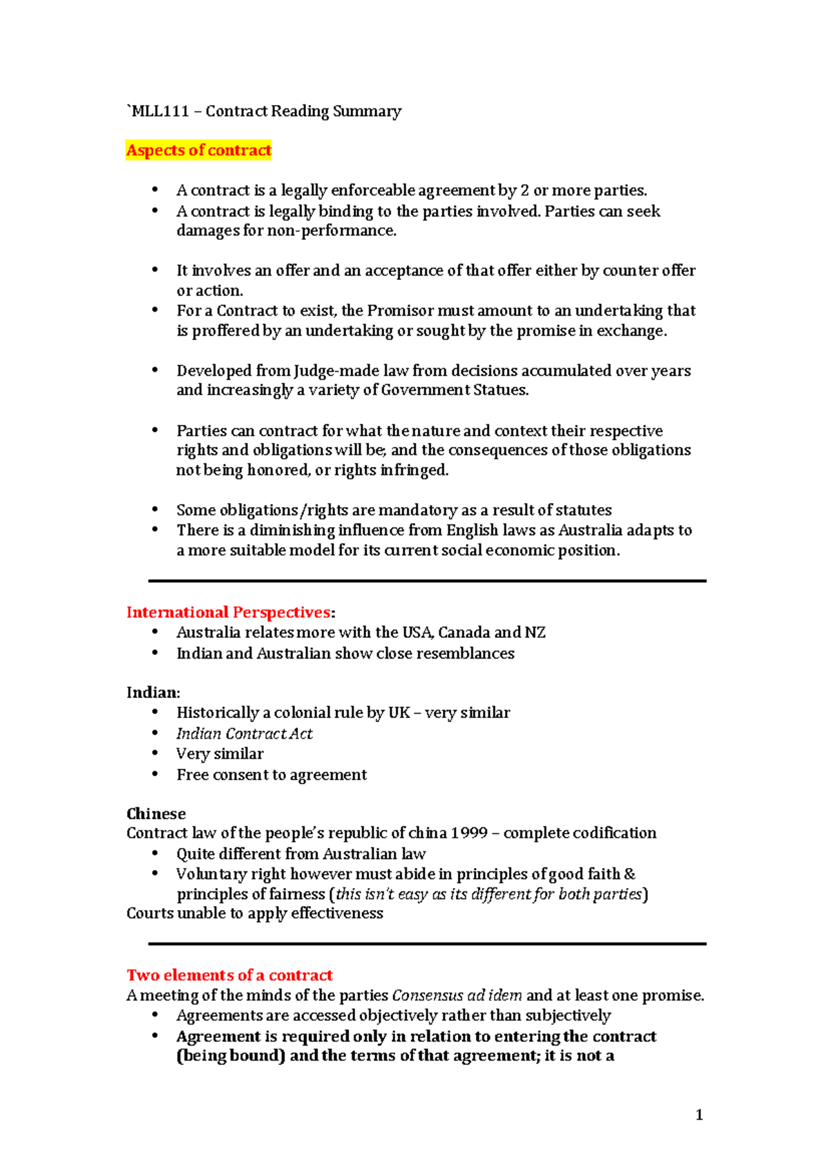 Notes - `MLL111 – Contract Reading Summary Aspects of contract A ...