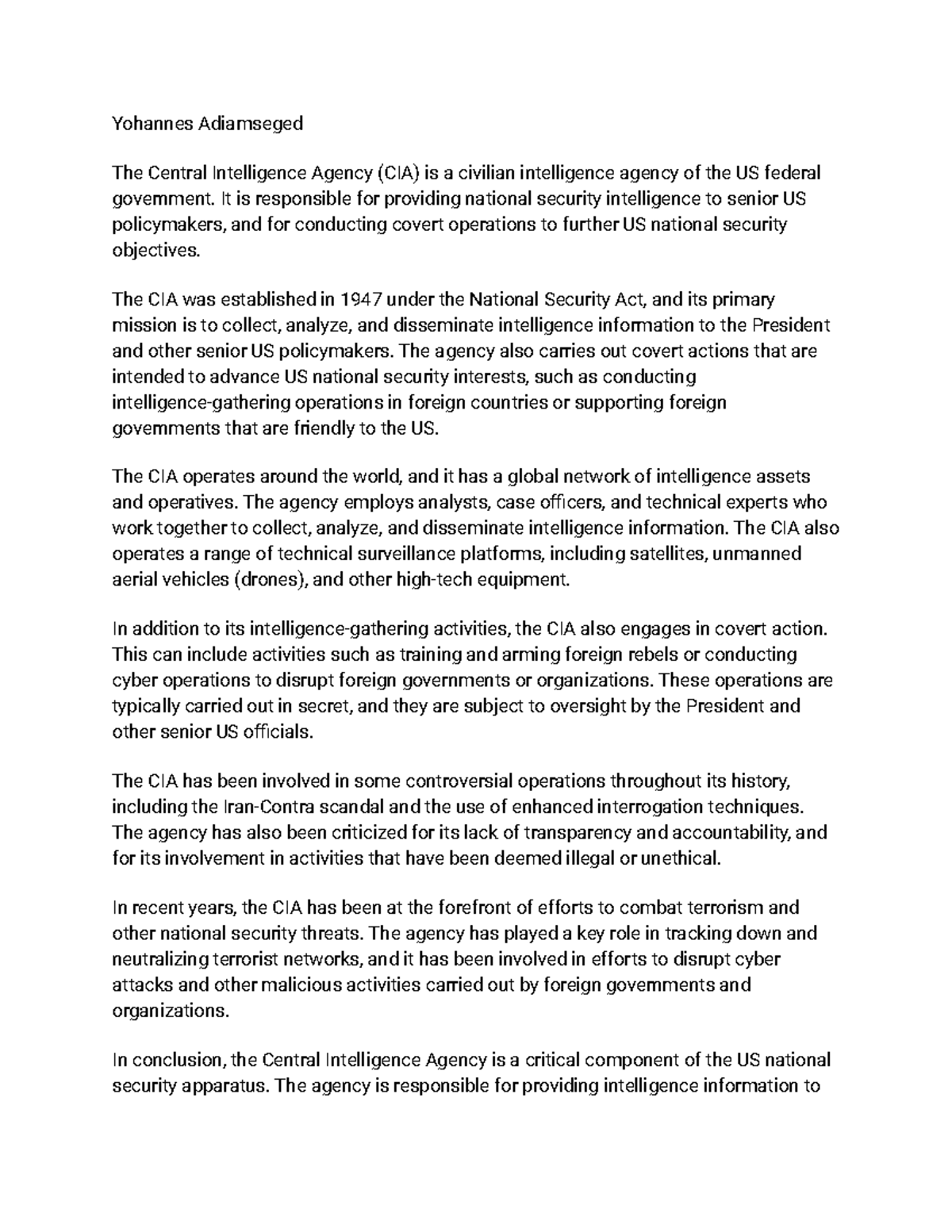 CIA Notes - Yohannes Adiamseged The Central Intelligence Agency (CIA ...