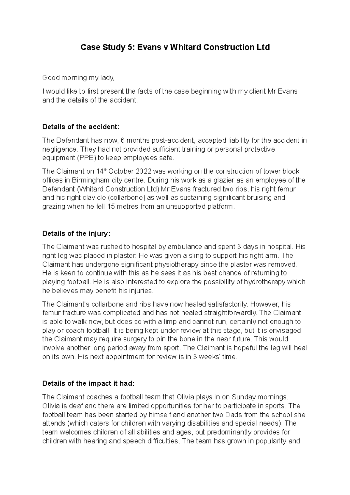 CASE 5 - Acting - Case Study 5: Evans v Whitard Construction Ltd Good ...