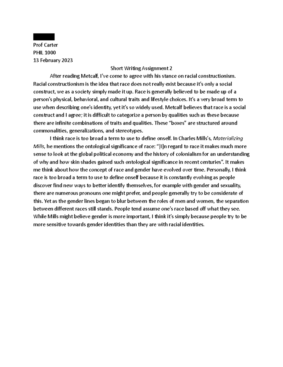 PHIL - short writing assignment 2 - Celine Vu Prof Carter PHIL 1000 13 ...