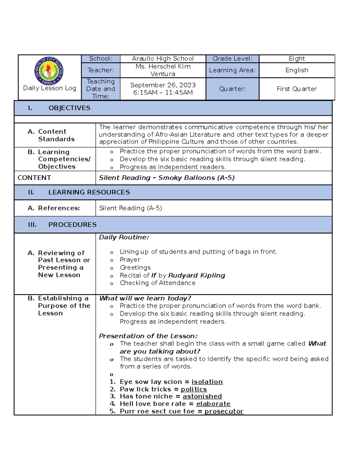 Silent Reading - Lesson Plan - Daily Lesson Log School: Araullo High ...