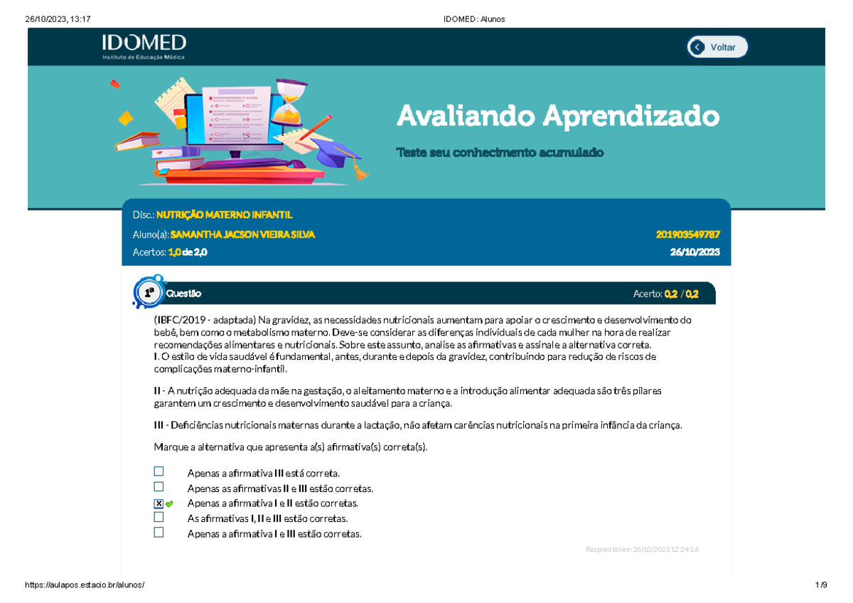 Avaliando Aprendizado - AV1 Materno Infantil - Avaliando Aprendizado ...