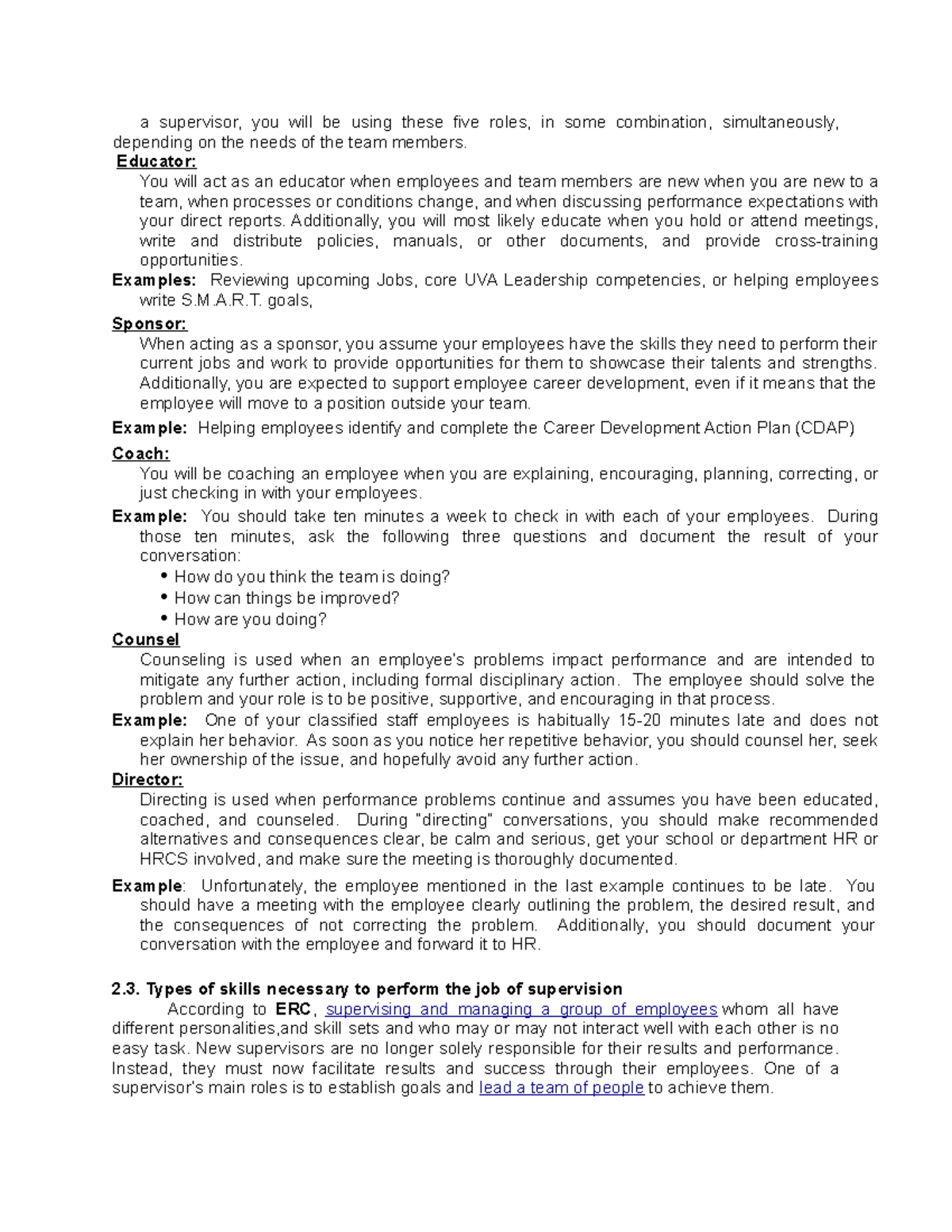 IS 3 - lecture notes - a supervisor, you will be using these five roles ...