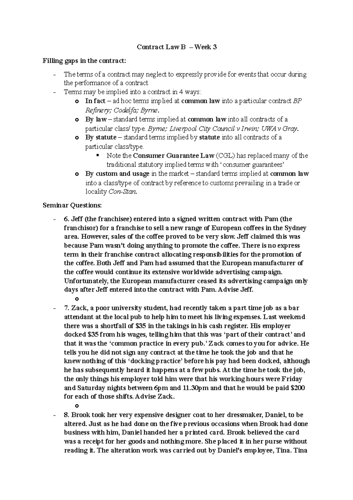 Week 3 summary of lecture - Contract Law B – Week 3 Filling gaps in the ...