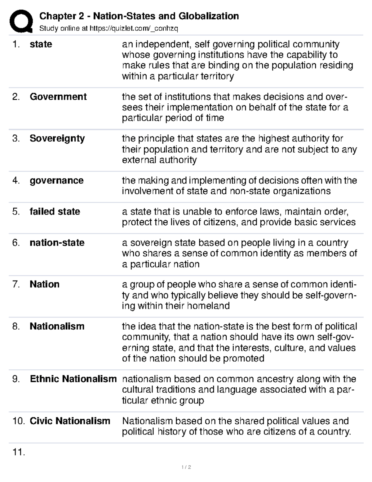 Ptics ch2 - definitions - Chapter 2 - Nation-States and Globalization ...