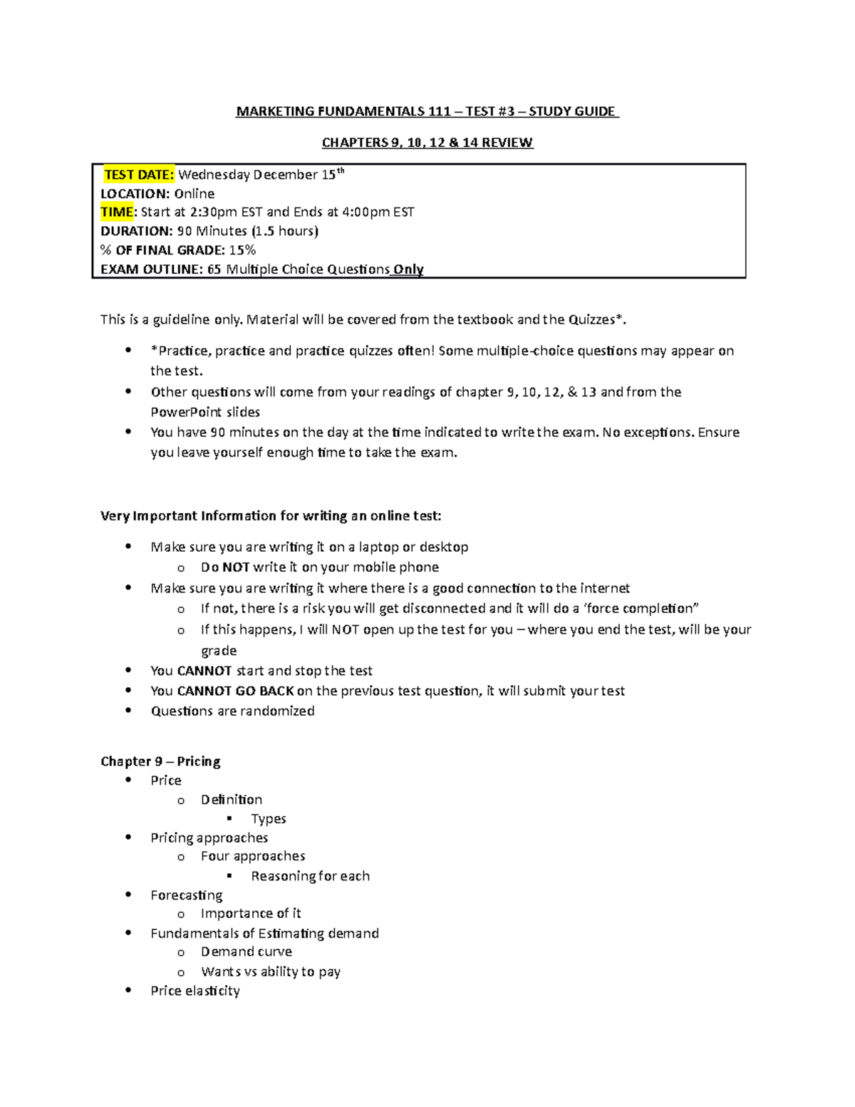MKTG 111 Test 3 Review Marketing Fundamentals - MARKETING FUNDAMENTALS ...