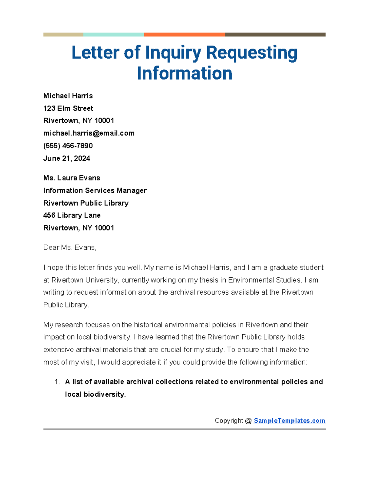 Letter of Inquiry Requesting Information - Letter of Inquiry Requesting ...