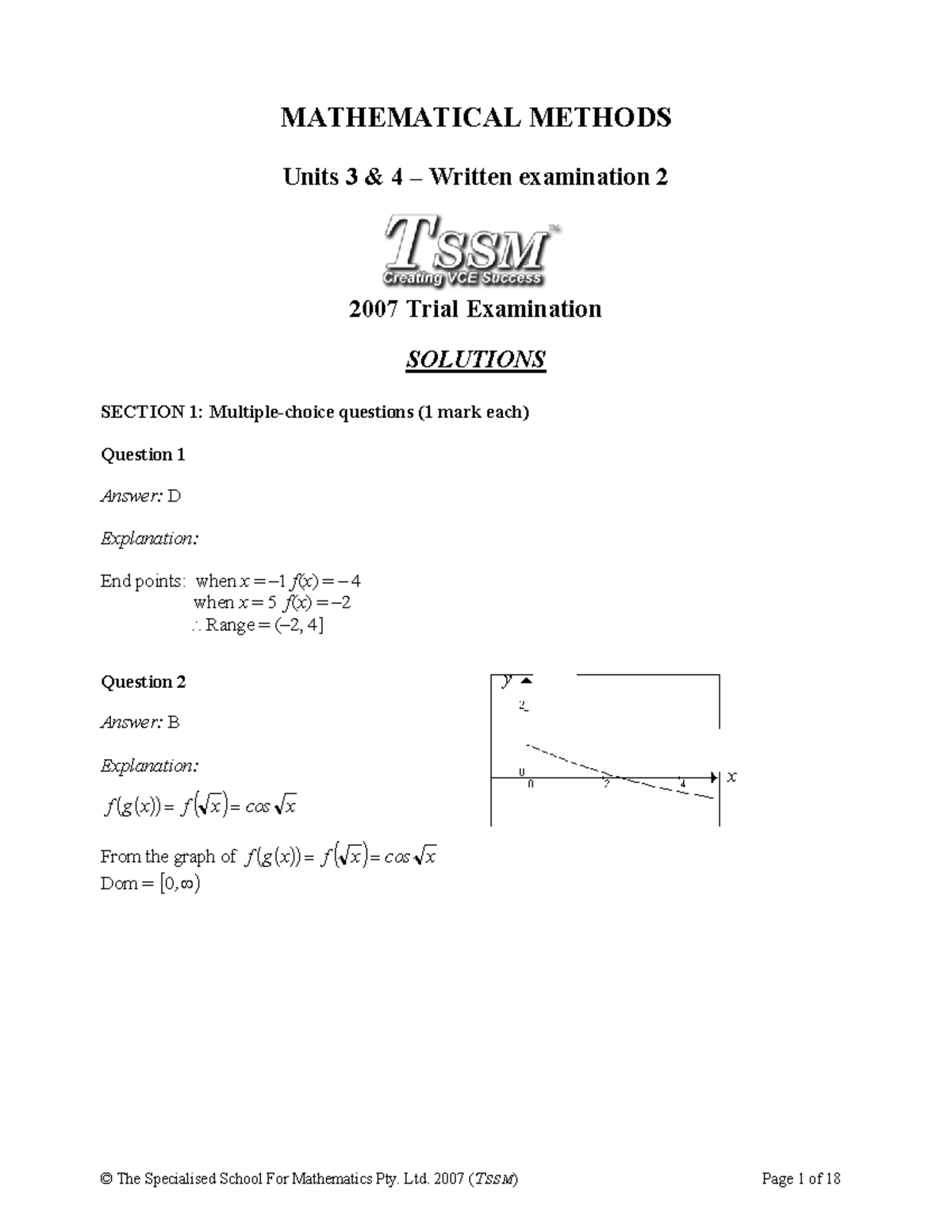 2007 Tssm Exam 2 Solutions - MATHEMATICAL METHODS Units 3 & 4 ñ Written ...