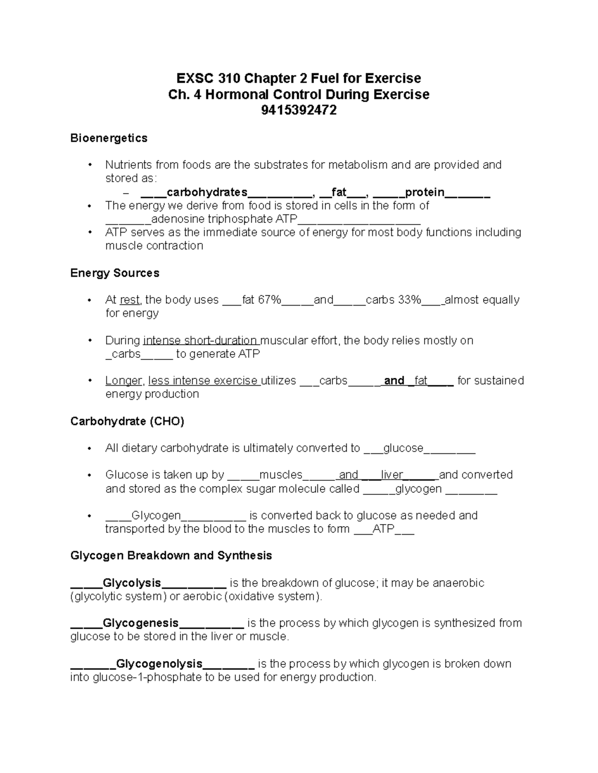 EXSC 310 Chapter 2 and 4 lecture notes - EXSC 310 Chapter 2 Fuel for ...