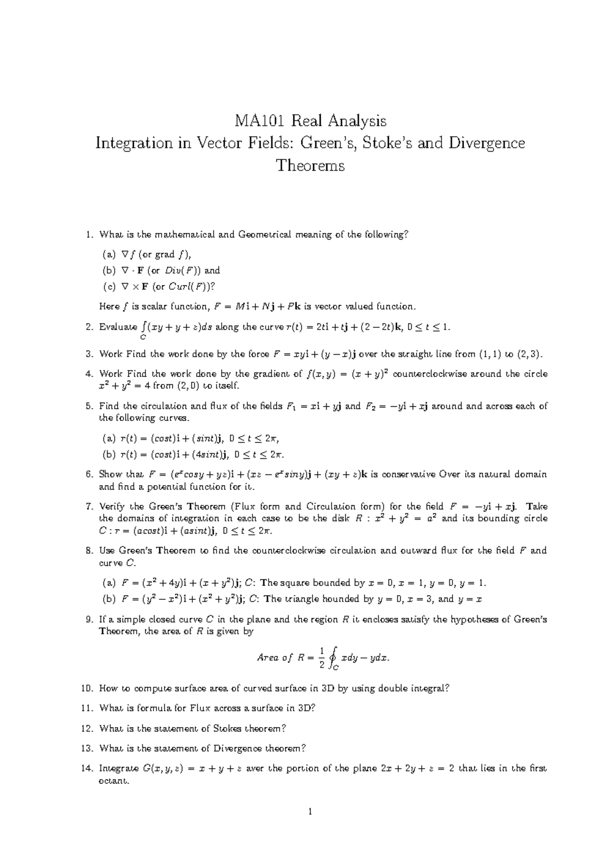 Ma101 ass-10 - notes - MA101 Real Analysis Integration in Vector Fields ...